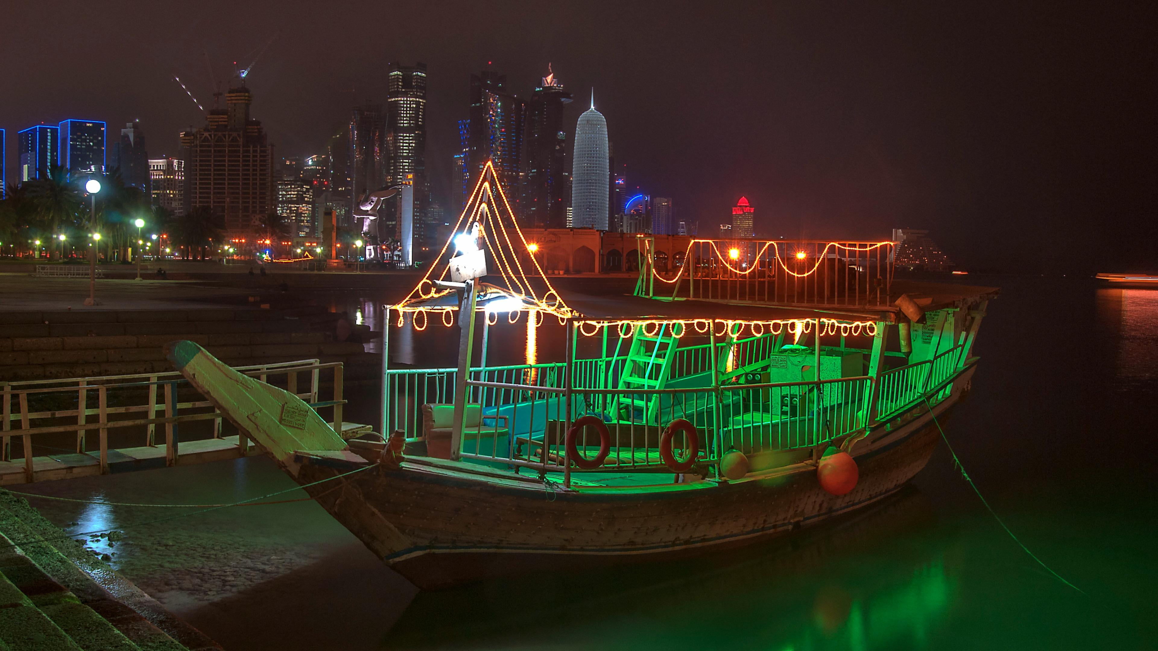 corniche, transportation, river, bay, qatar, dhow, built structure, lighting, tourist attraction, skyscraper, 4K, travel destinations, metropolis, doha, HD Wallpaper