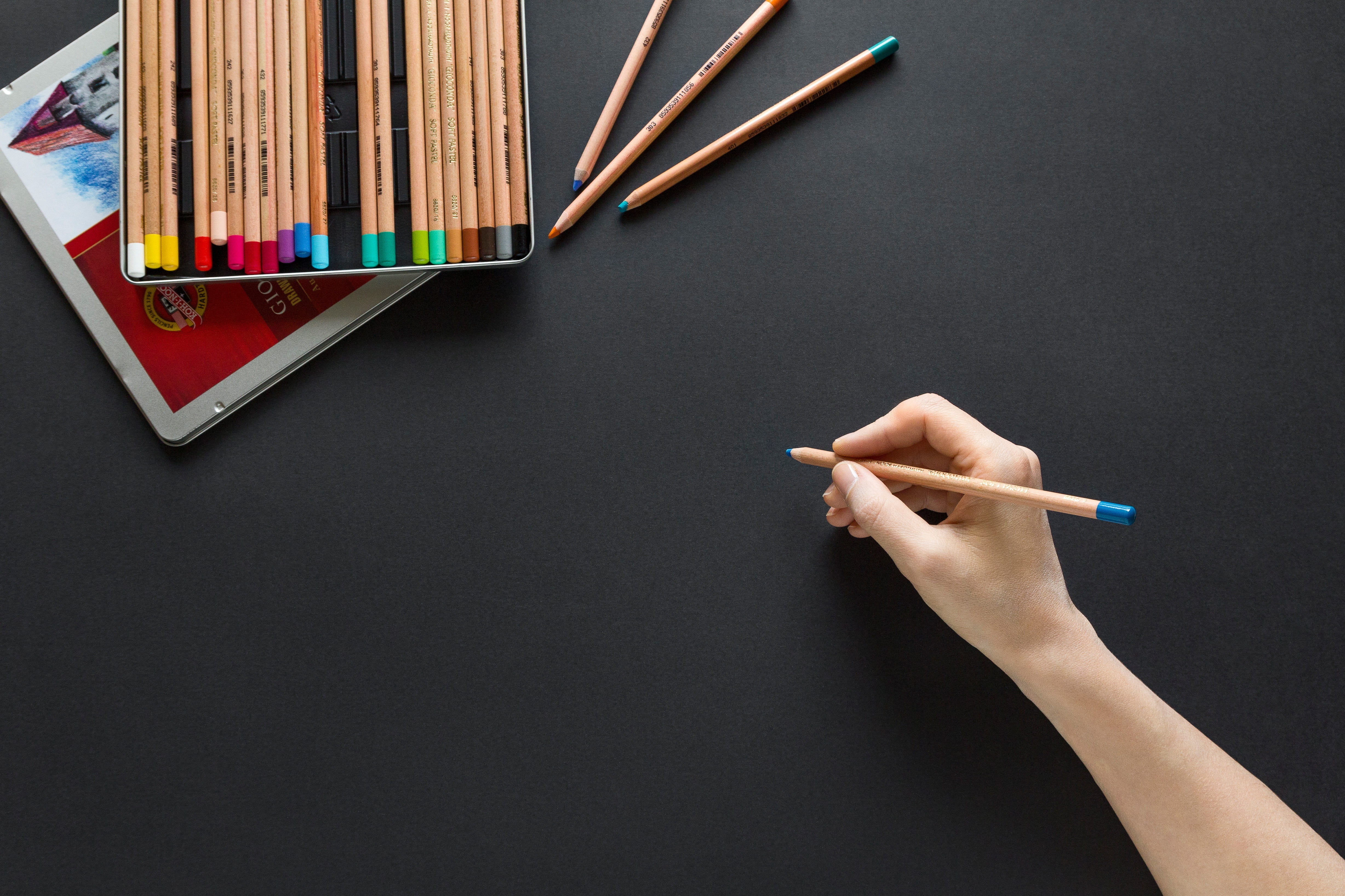 studio shot, high angle view, creativity, indoors, pencil, close-up, human hand, art and craft, hand, holding, art, education, portrait, person, writing instrument, HD Wallpaper