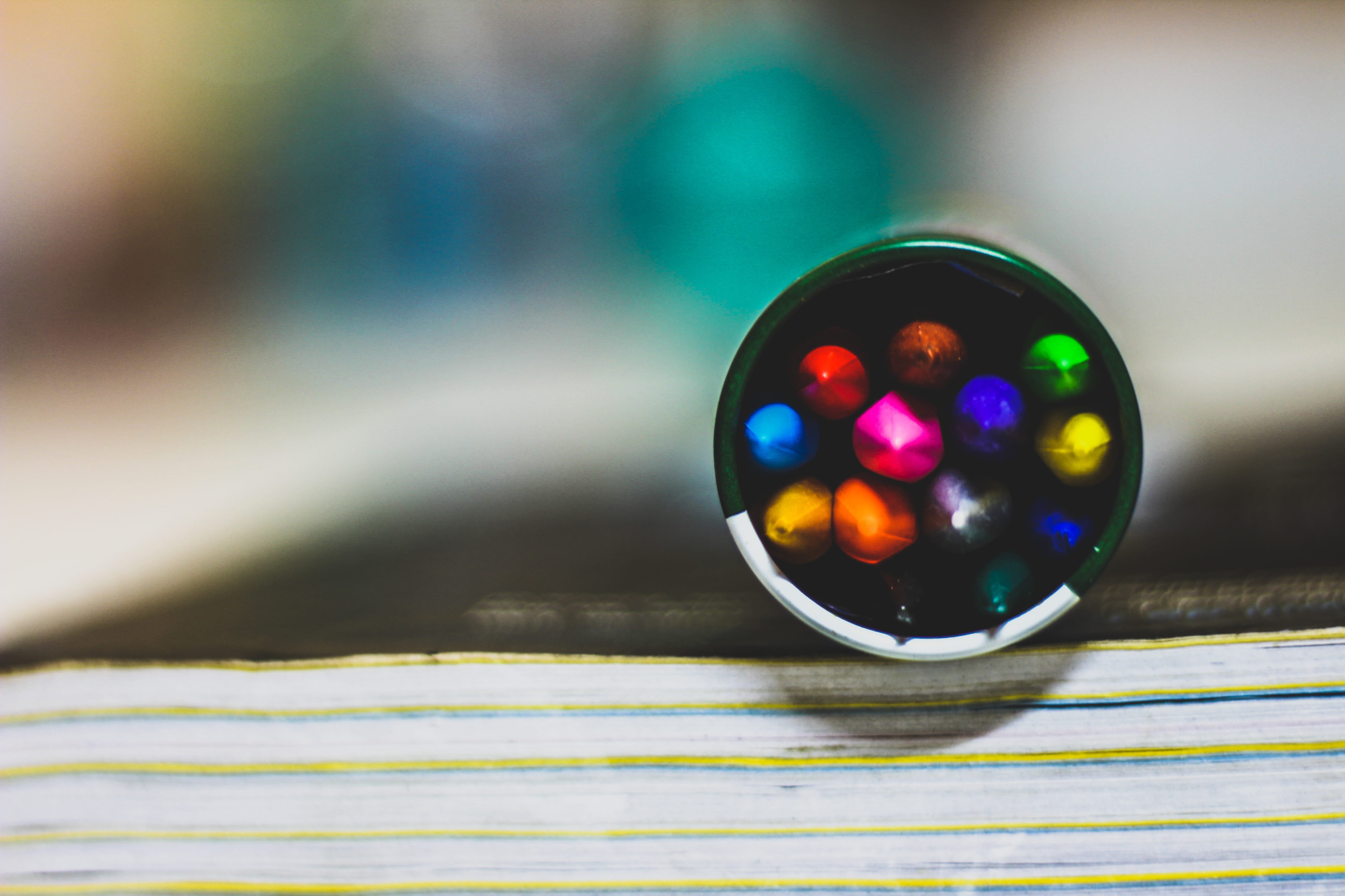 transparent, sphere, depth of field, blurred, glass, still life, pens, 5K, coloured, day, blur, colour pencils, design, selective focus, table, reflection, HD Wallpaper