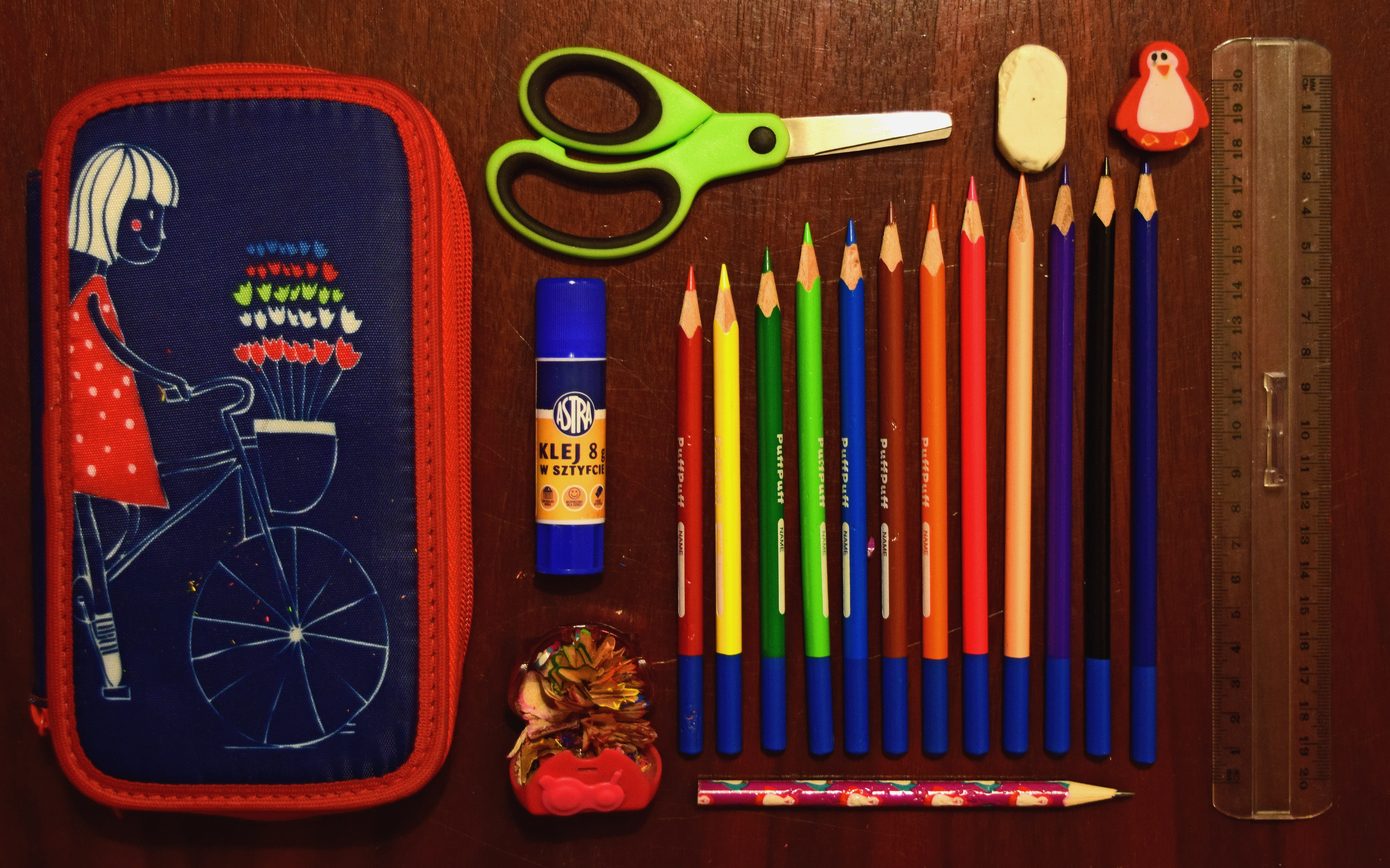 no people, sissors, note, crayon, rainbow, education, pen, ruler, preschool, pencil case, table, art supplies, eraser, scissor, pencil, indoors, large group of objects, HD Wallpaper