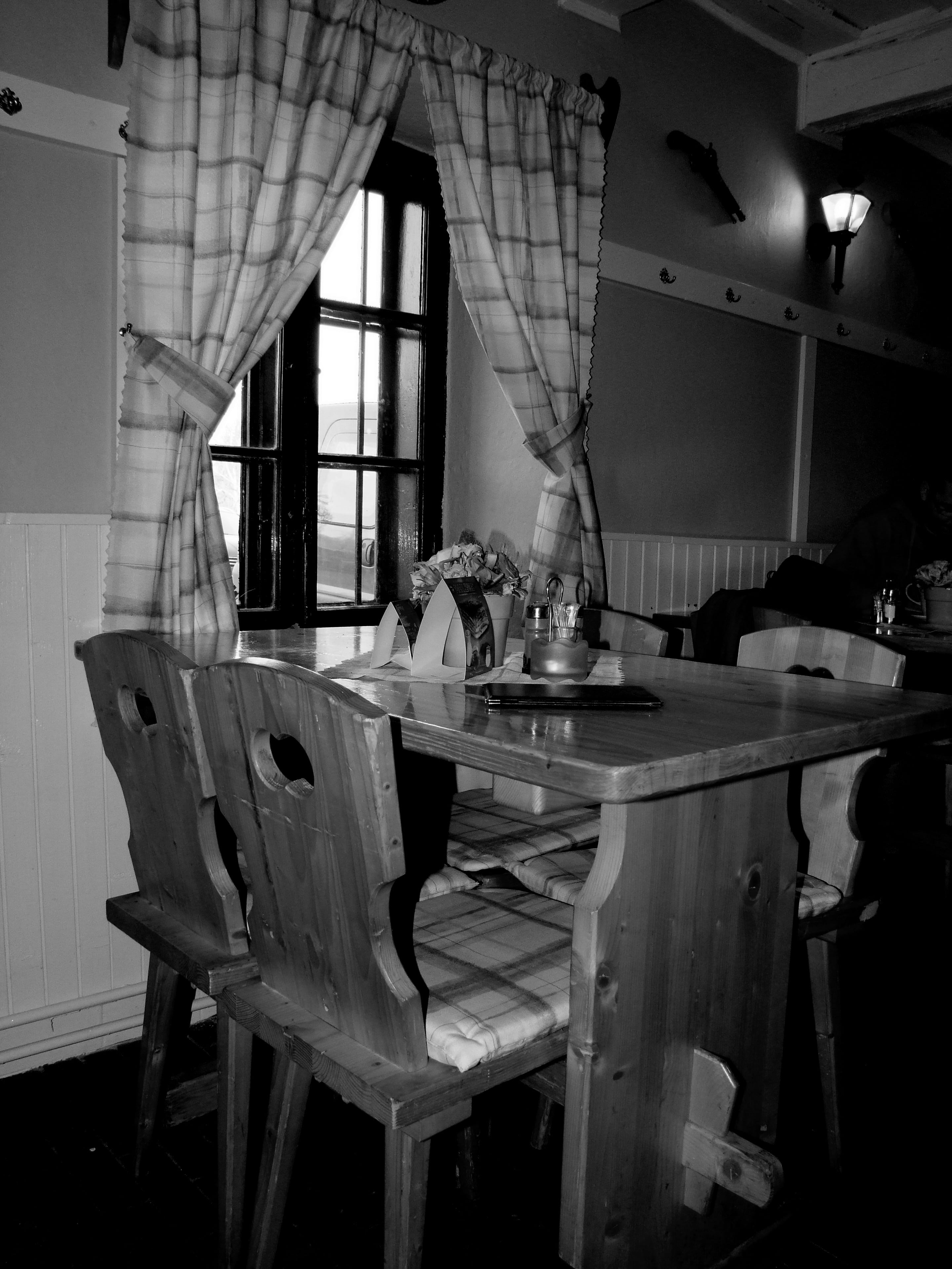 built structure, indoors, wood - material, the interior of the, empty, furniture, seat, setting, food and drink industry, black And White, 4K, chair, ceiling, Phone HD Wallpaper