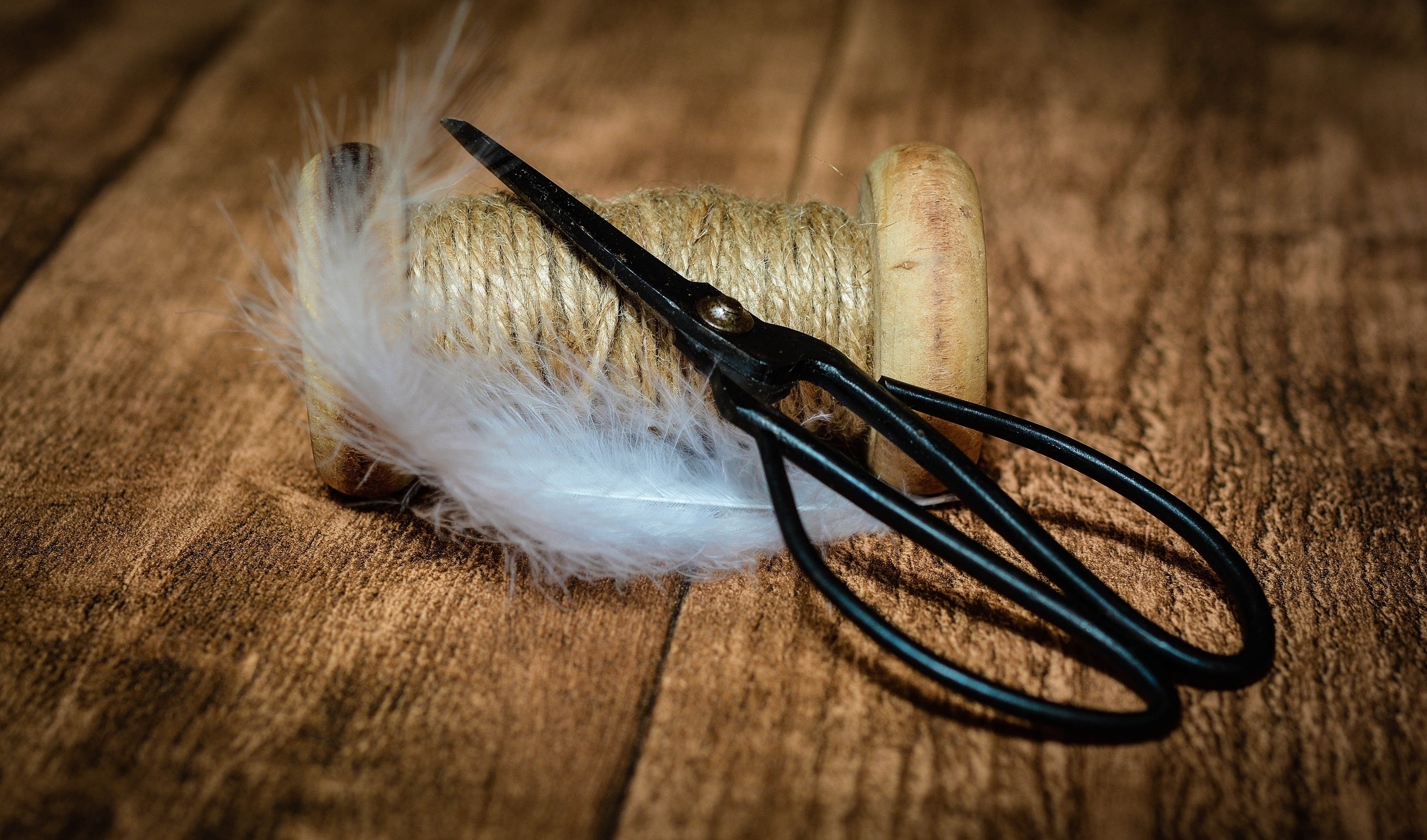 kitchen utensil, rustic, no people, two objects, wooden table, beige, old, coil, indoors, table, feather, white feather, wood grain, scissors, high angle view, HD Wallpaper