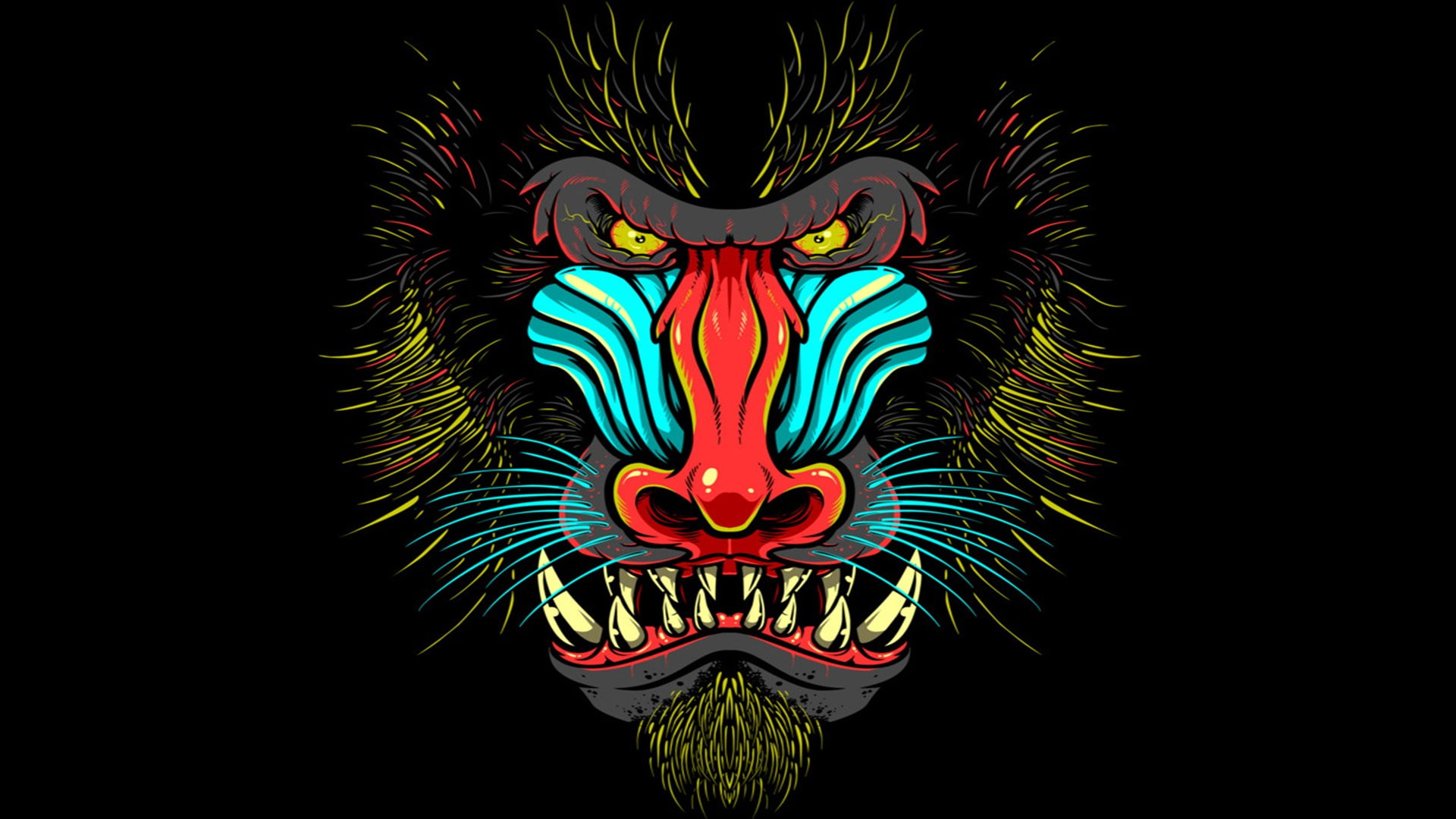 multi colored, disguise, arts culture and entertainment, no people, animal themes, animal, animals digital art monkeys mandrill colorful hairy muzzles yellow eyes drawing black background fangs, HD Wallpaper