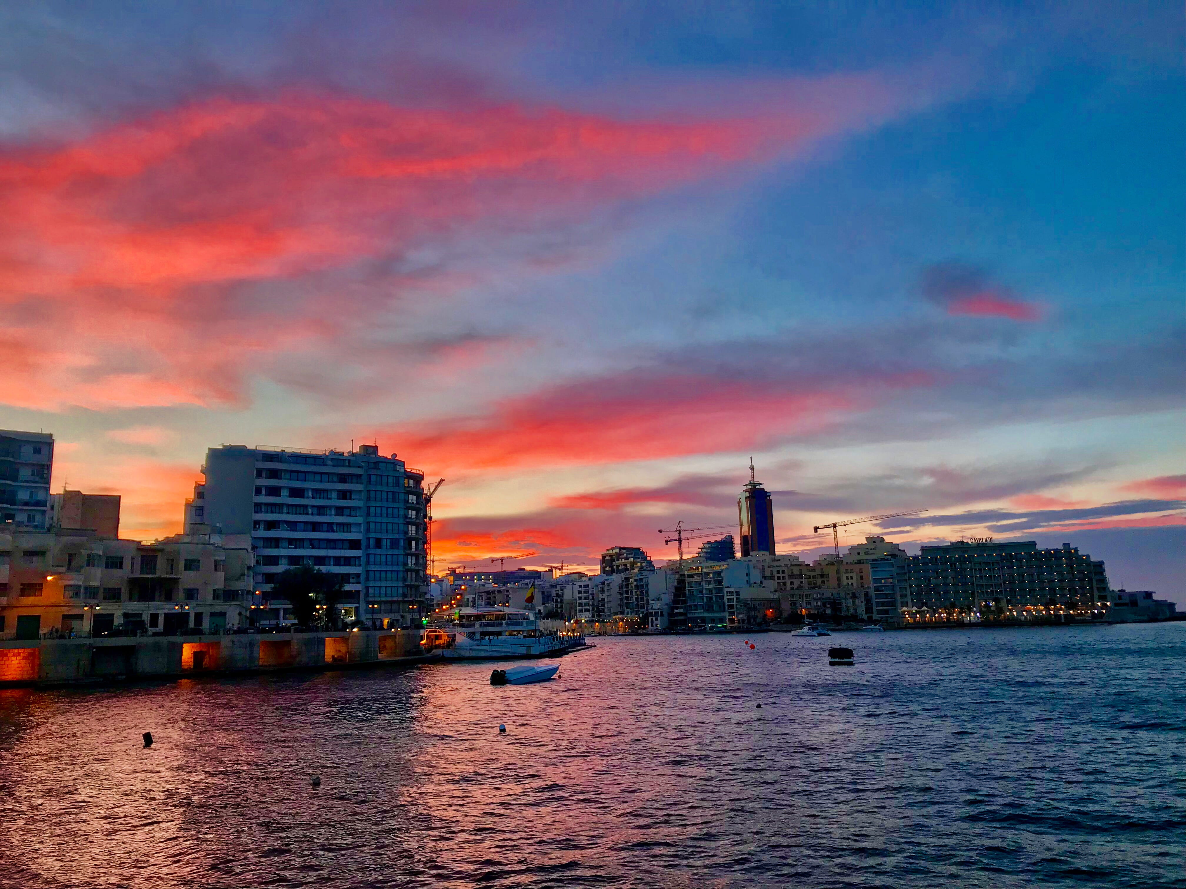 city, nautical vessel, mediterranean sea, sea, 87 tower road, built structure, 4K, dusk, sky, outdoors, architecture, office building exterior, sliema, HD Wallpaper