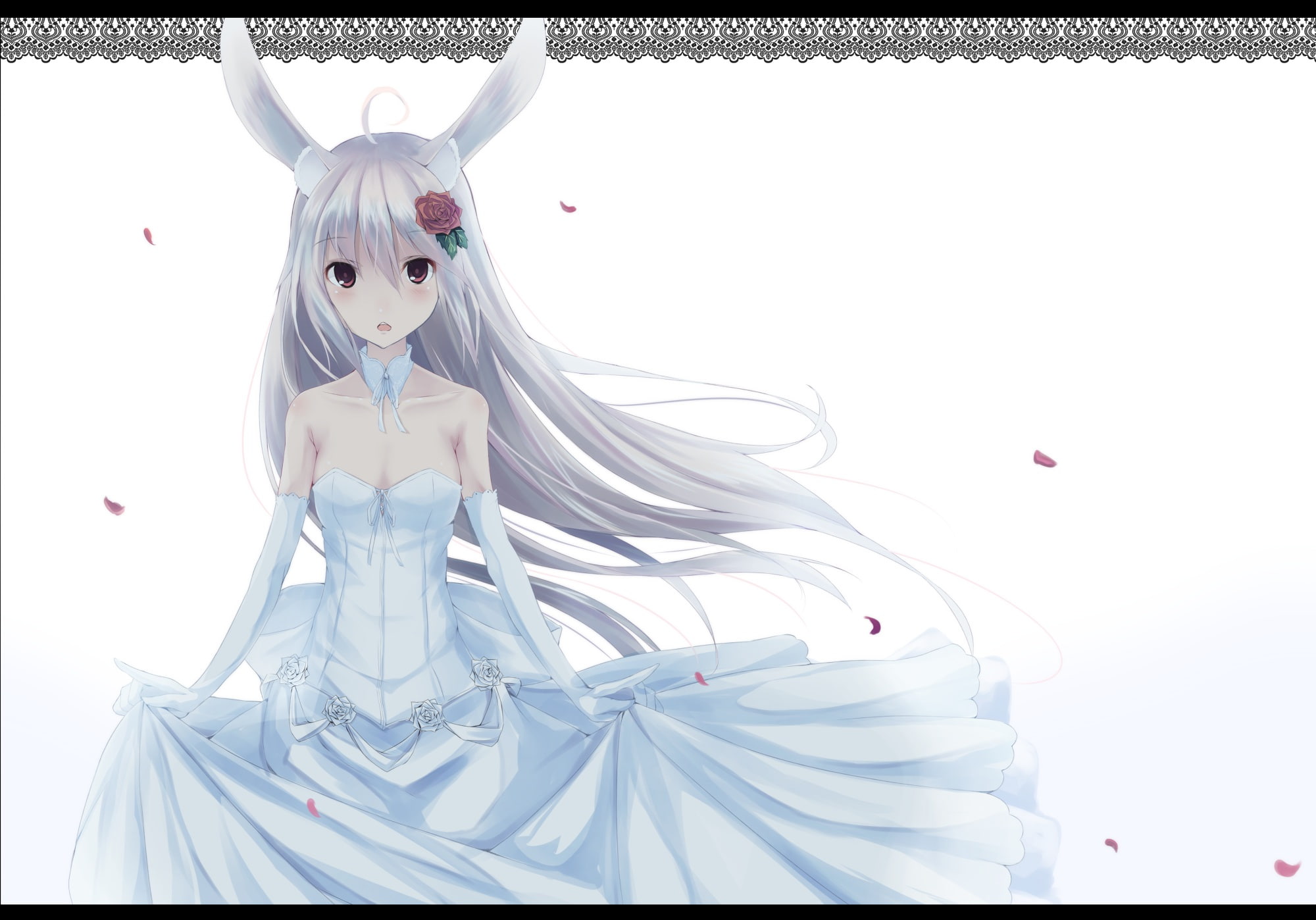 long, tagme, bunny, dress, blush, rose, petals, ears, animal, elbow, original, flowers, gloves, 1080P, wedding, white, hair, eyes, red, HD Wallpaper
