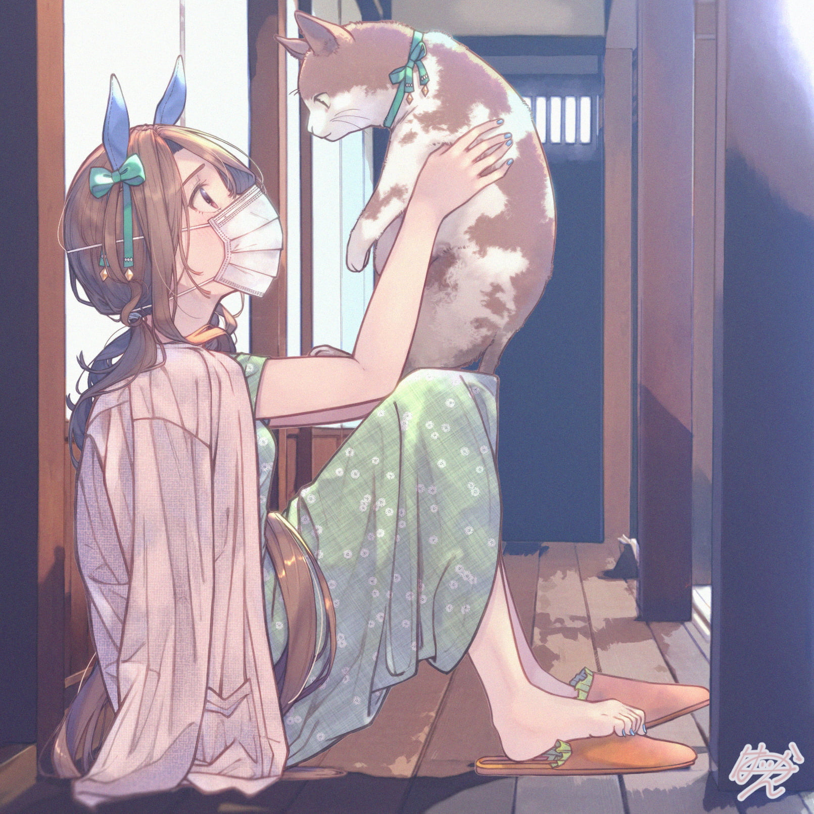 pigtails, slippers, artwork, women indoors, horse girls, arms up, green dress, animal ears, face mask, casual, Uma Musume Pretty Derby, King Halo (Uma Musume), Phone HD Wallpaper