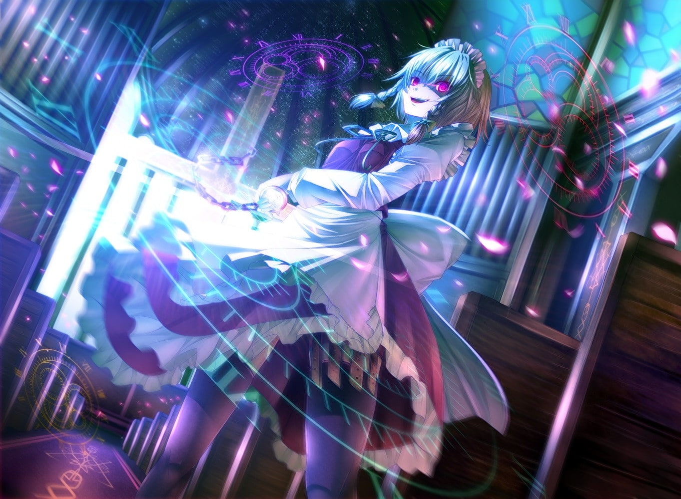 dress, sakuya, braids, smiling, izayoi, art, short, games, 720P, Video Games, magic, maids, video, aprons, hair, hd, thigh, Touhou, bows, highs, HD Wallpaper