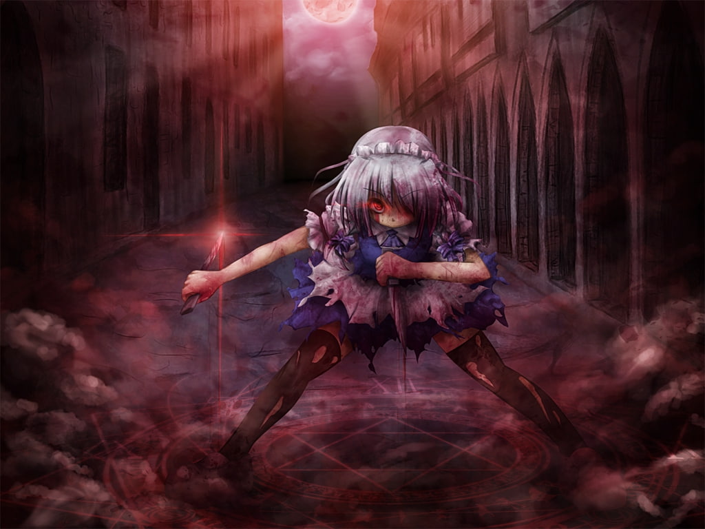 blood, moon, maids, moons, space, sakuya, Scarlet, Touhou, artist, x, 480P, art, izayoi, akashio, hd, HD Wallpaper
