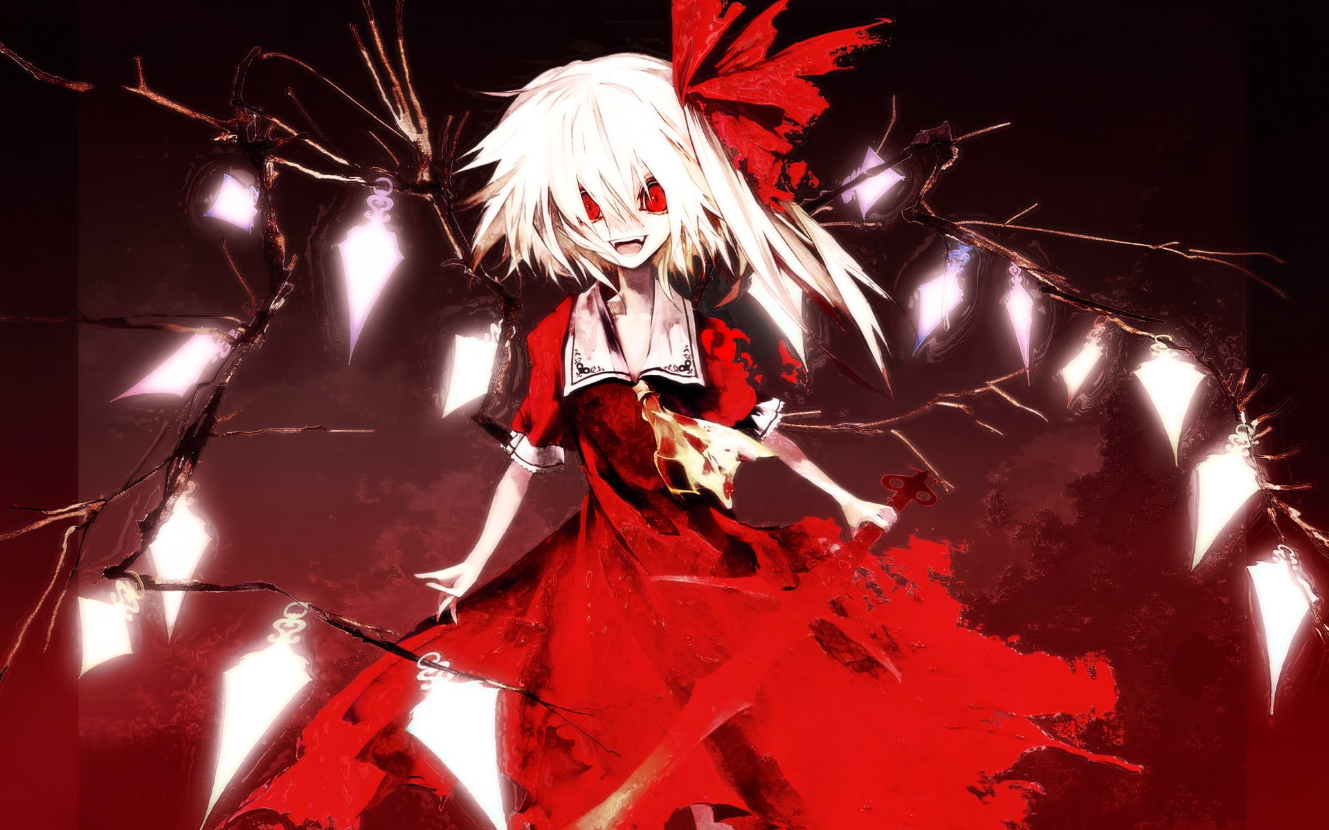 akira, short, uniforms, school, eyes, 1080P, anime, art, vampires, weapons, hd, red, blondes, wings, dress, Touhou, hair, crystal, glowing, HD Wallpaper