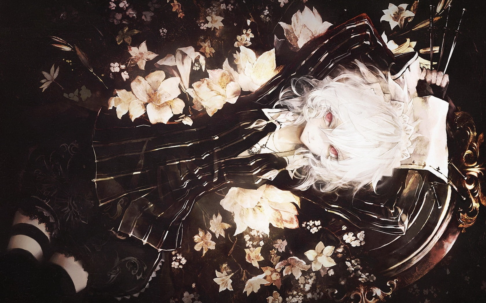 anime, red, eyes, weapons, black, hair, games, izayoi, maids, dark, sakuya, 720P, video, hd, thigh, dress, hi, flowers, art, short, Touhou, akira, Video, HD Wallpaper