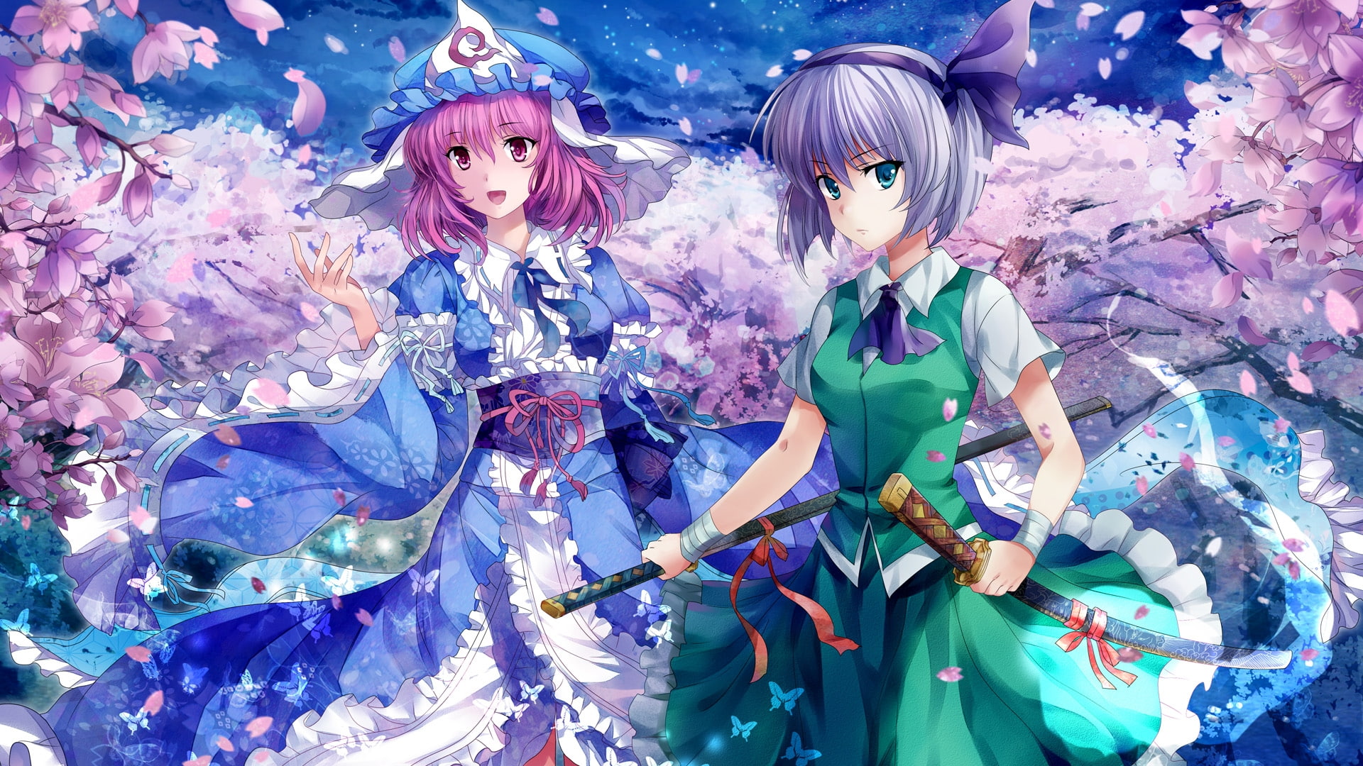 dress, pink, weapons, cherry, blossoms, skirts, s, cherry blossoms, eyes, bloom, youmu, 1080P, sakura, hair, art, green, katana, Touhou, hd, konpaku, HD Wallpaper