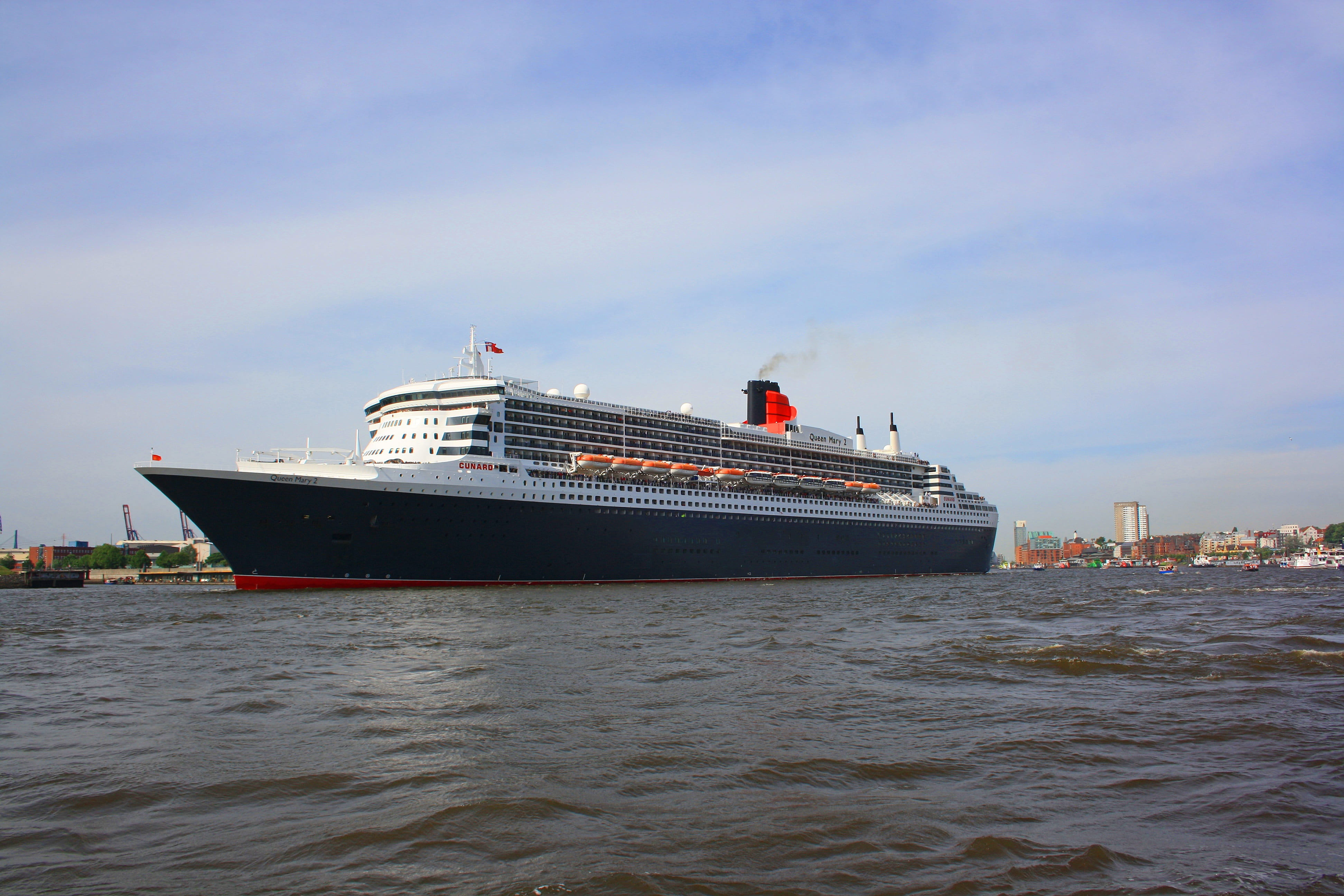 voyage, water, quen mary 2, nature, architecture, shipping, sky, 4K, germany river elbe, lake, hamburg, passenger craft, the port of hamburg, port, no people, HD Wallpaper