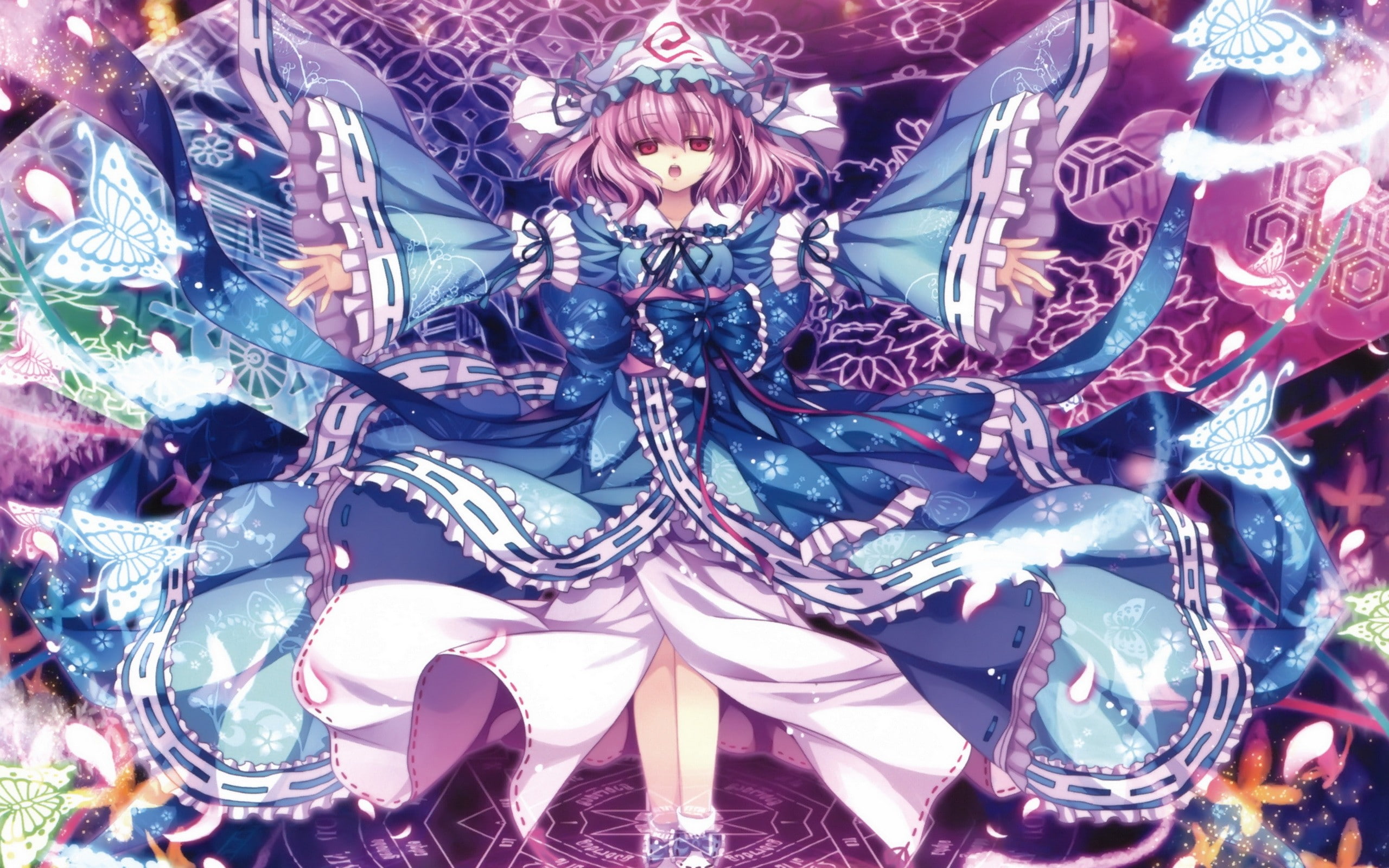 Touhou, red, purple, art, mouth, bow, open, magic, 2K, short, butterflies, ribbons, saig, pink, hd, eyes, Dress, hair, animals, HD Wallpaper