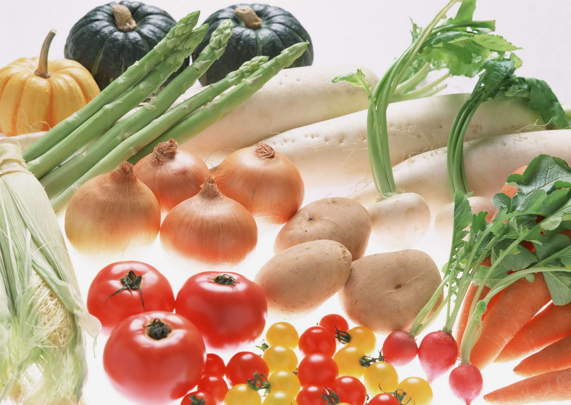 wellbeing, 1080P, asparagus, indoors, food, fruit, raw food, carrot, tomato, onion, squash, potato, variation, onions, vegetable, radish, close-up, herb, HD Wallpaper