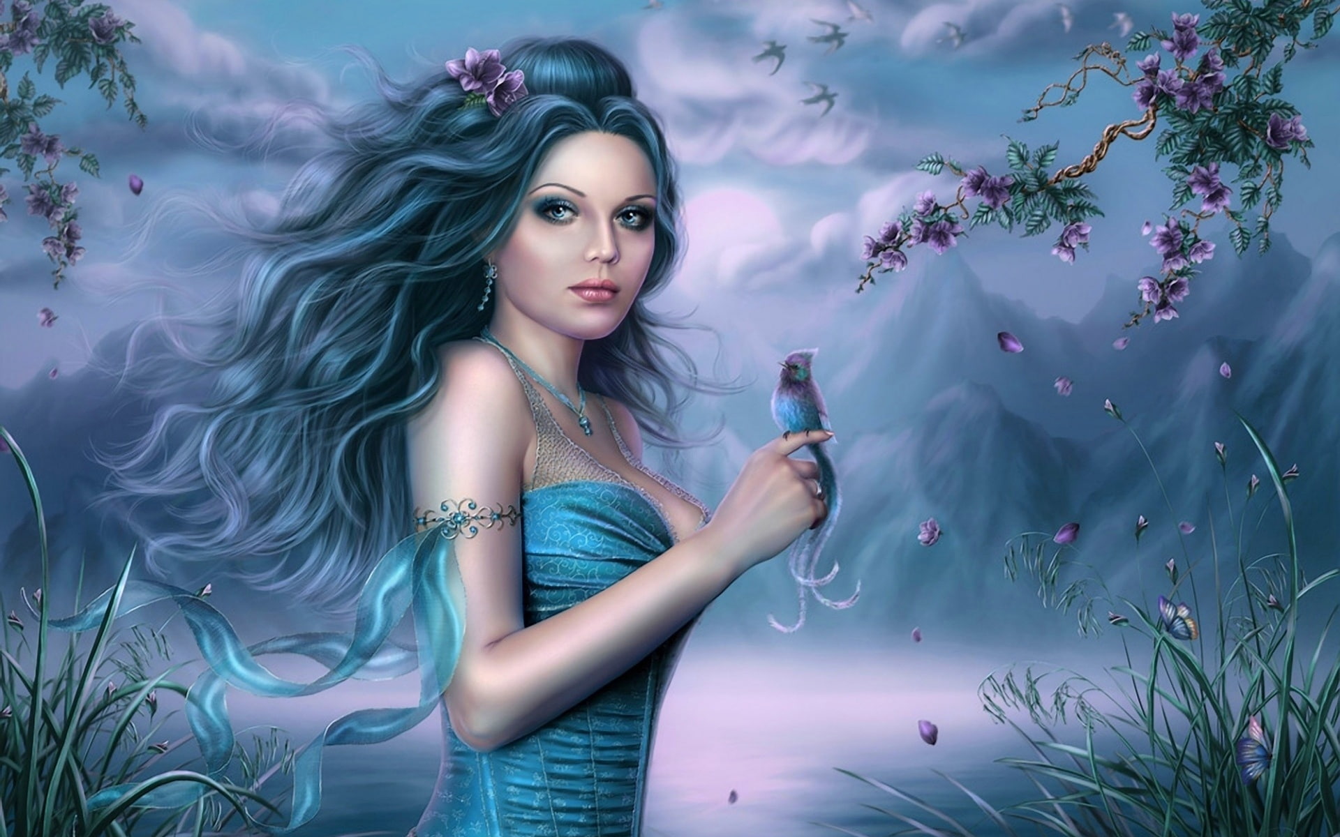 1080P, Skirt, Fantasy, Girl, Kingfisher, Blue, HD Wallpaper