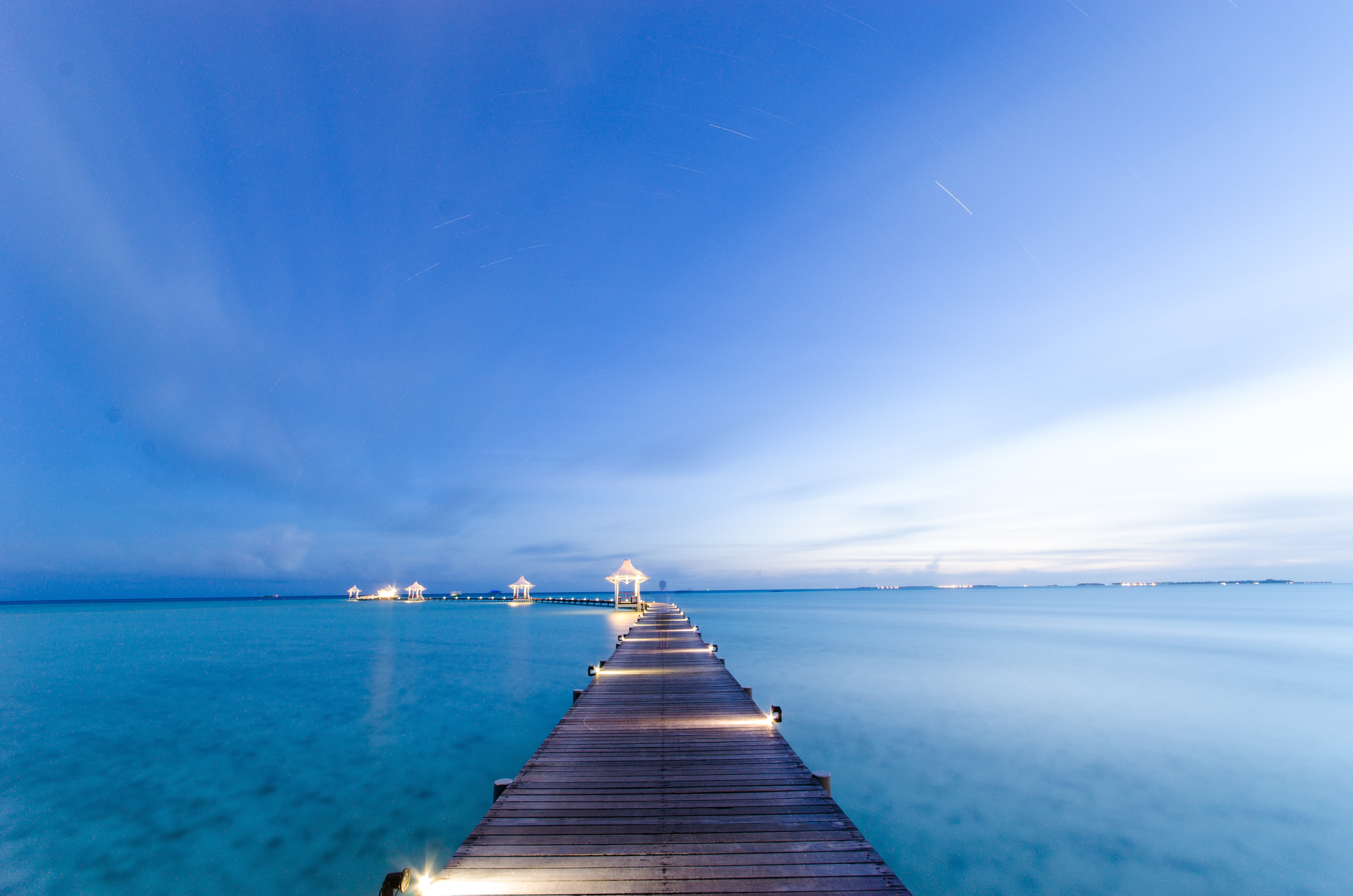 sky, water, horizon over water, wood - Material, diminishing perspective, outdoors, landscape, travel, idyllic, scenics - nature, trestle, beach, the sea, HD Wallpaper