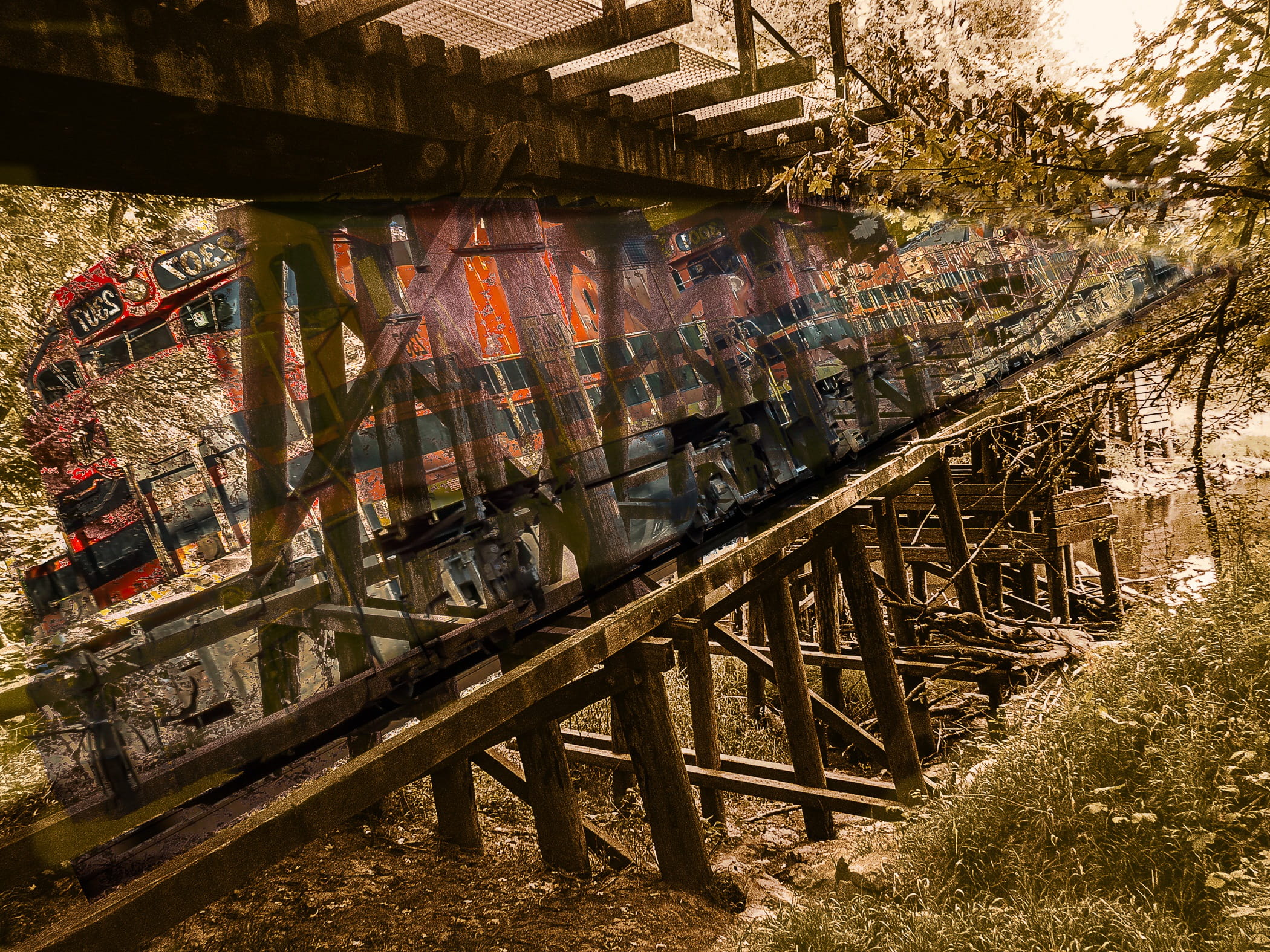 wood - material, 1080P, Train, trestle, nature, old, architecture, Double Exposure, no people, railing, obsolete, land, building exterior, tree, wood, HD Wallpaper