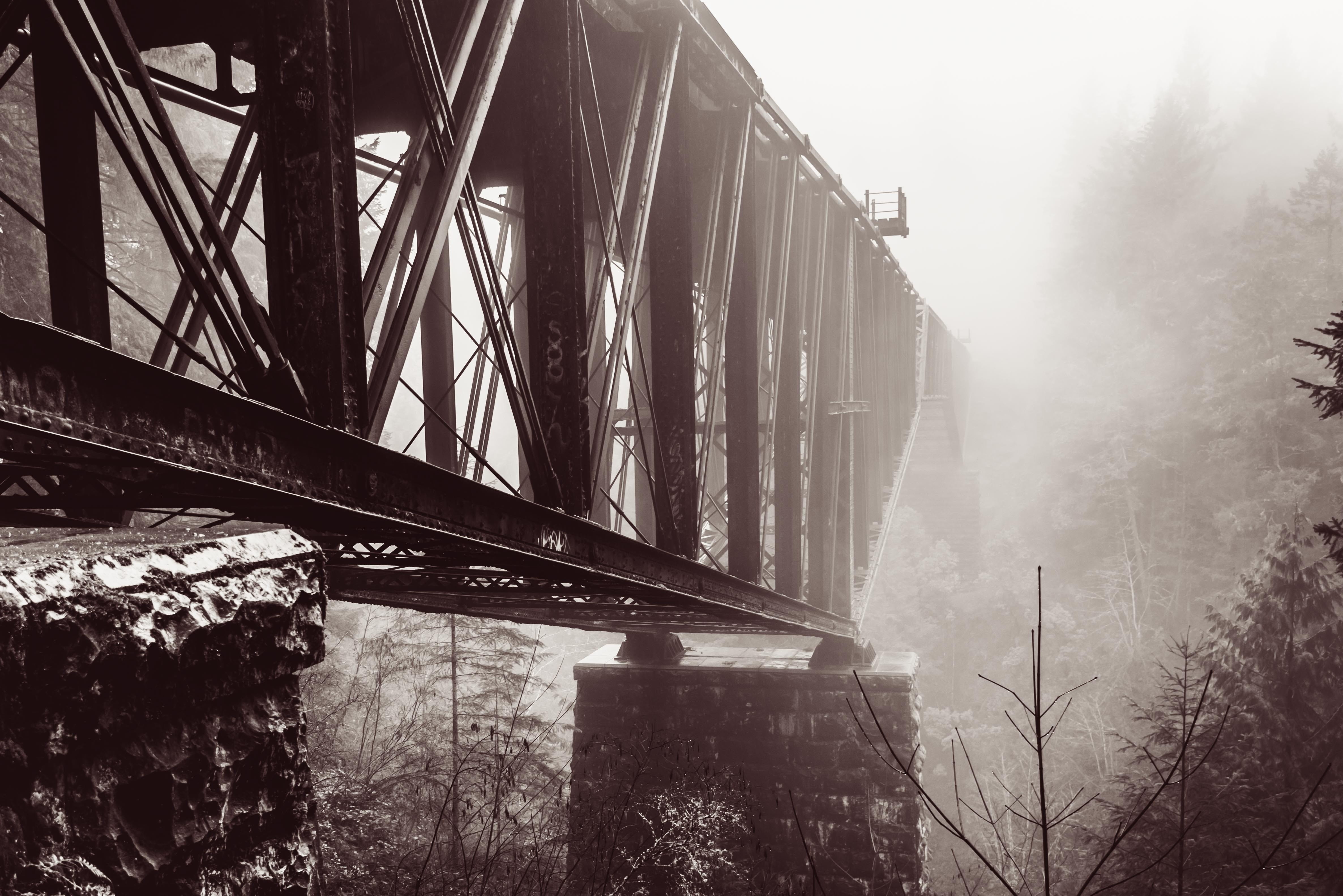 fog, land, moody, trestle, architecture, industry, old, bridge, tree, no people, built structure, low angle view, black and white, industrial, bridge - man made structure, HD Wallpaper