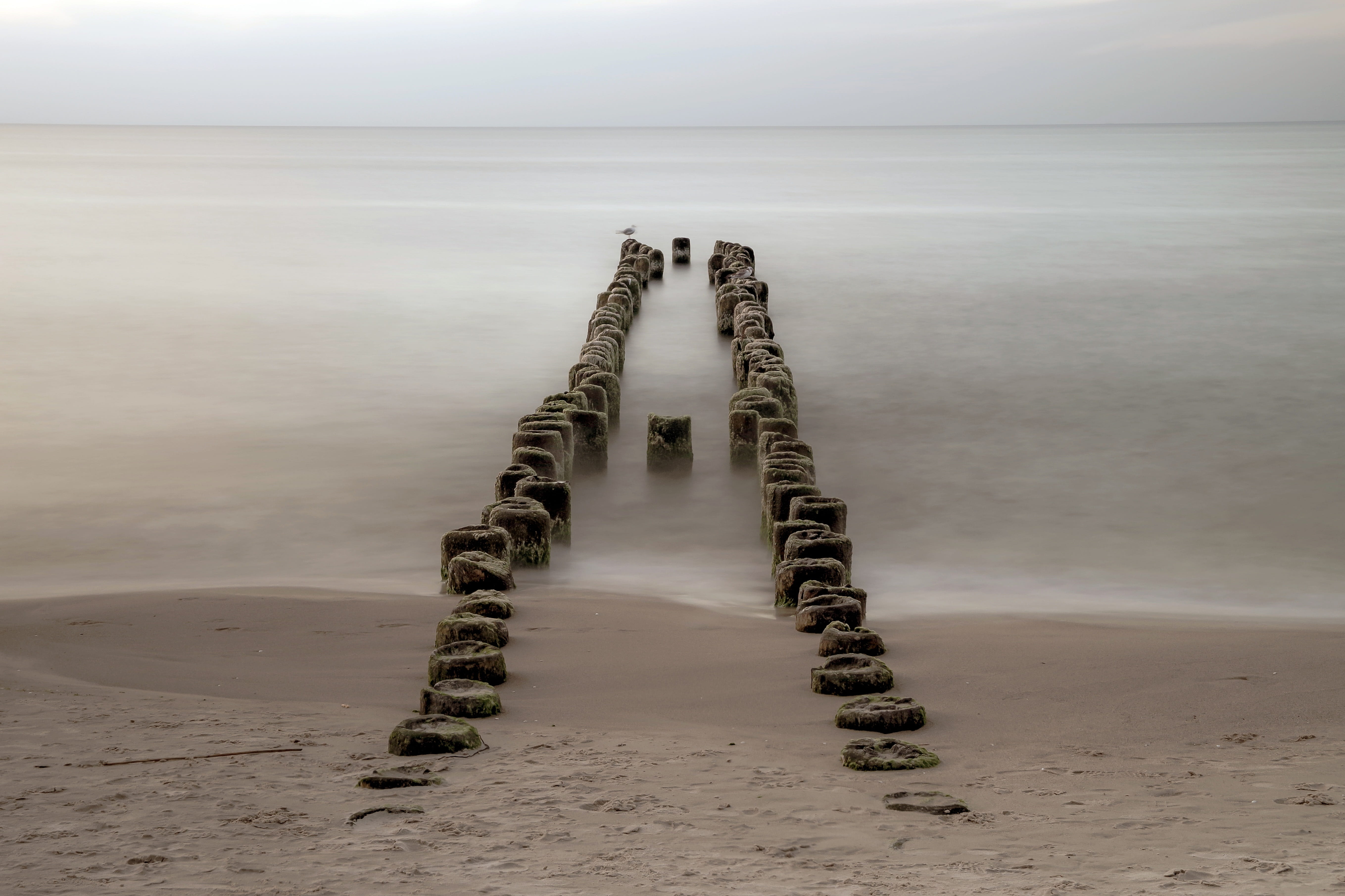 tranquility, the wood pile, beach, nature, non-urban scene, sand, the baltic sea, the endless sea, no people, sky, water, wooden post, wooden breakwater, HD Wallpaper