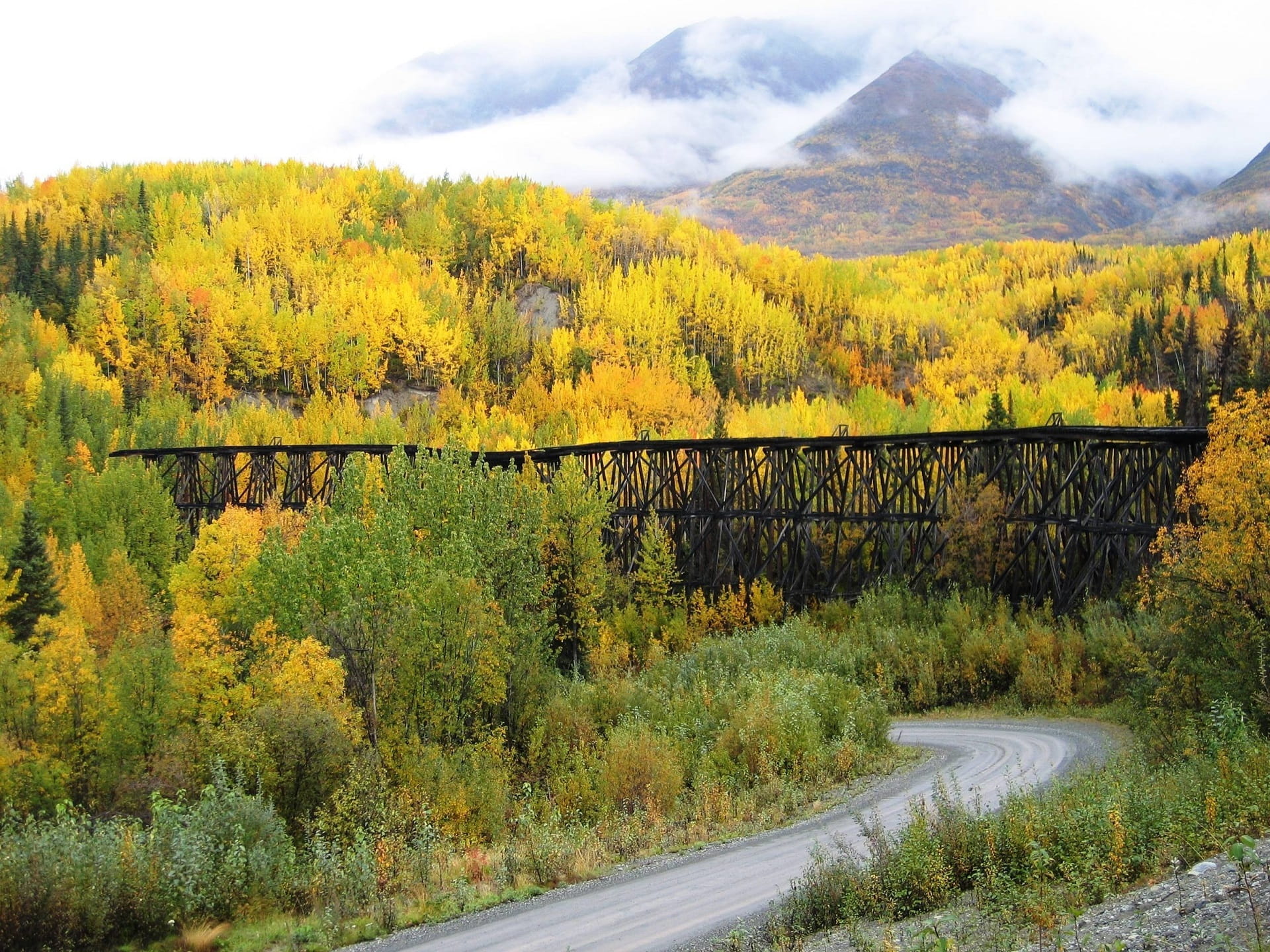 sky, plant, bridge - man made structure, transportation, no people, fall colors, beauty in nature, hills, st elias national park and preserve, road, 1080P, HD Wallpaper
