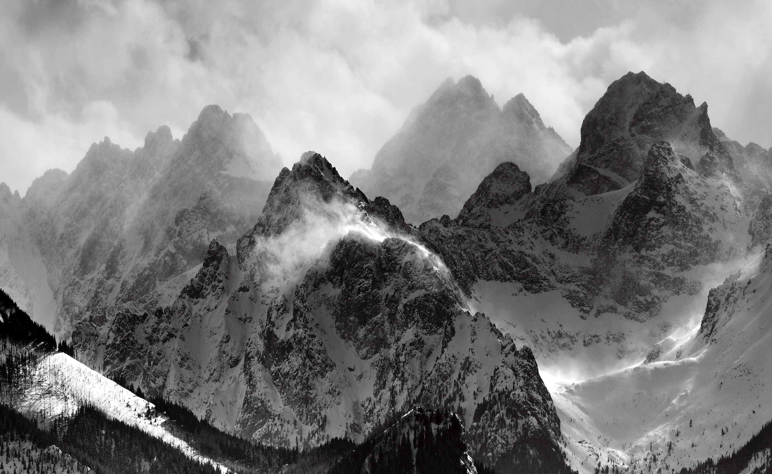nature, Black and White, landscape, mountain peak, beauty in nature, scenics - nature, formation, Misty, cold temperature, tranquil scene, mountains black and white, HD Wallpaper