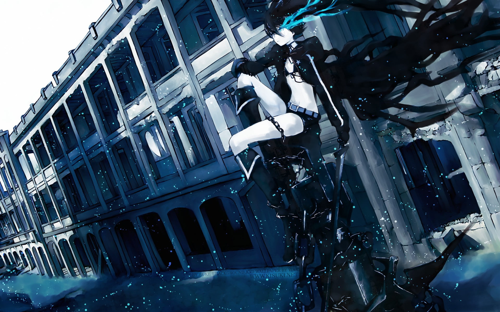 technology, building, window, anime girls, nature, water, city, sword, built structure, low angle view, Black Rock Shooter, reflection, mode of transportation, HD Wallpaper