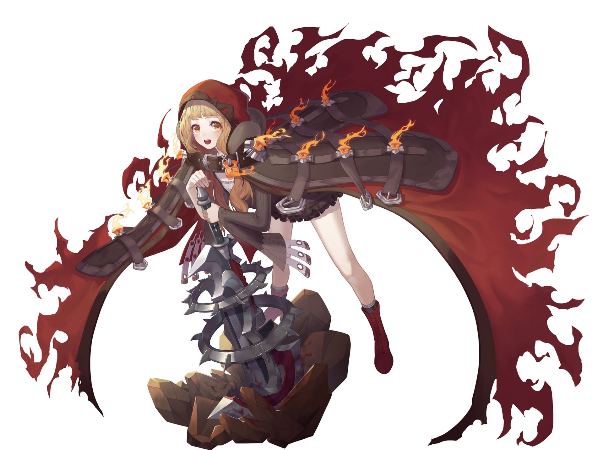 Bleached Eyes, Weapon, Akazukin (SINoALICE), Blush, Smile, Brown Hair, SINoALICE, Video Game, 1080P, Sword, Rock, HD Wallpaper