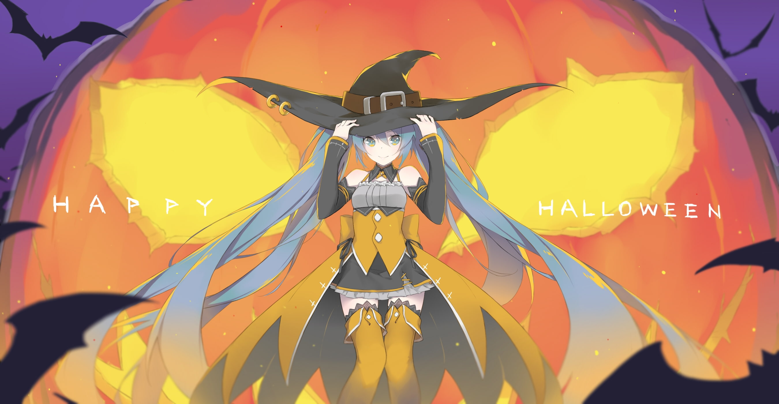 glass - material, outdoors, air vehicle, vocaloid, 2K, no people, halloween, twintails, witch, mode of transportation, nature, motor vehicle, yellow, transportation, HD Wallpaper