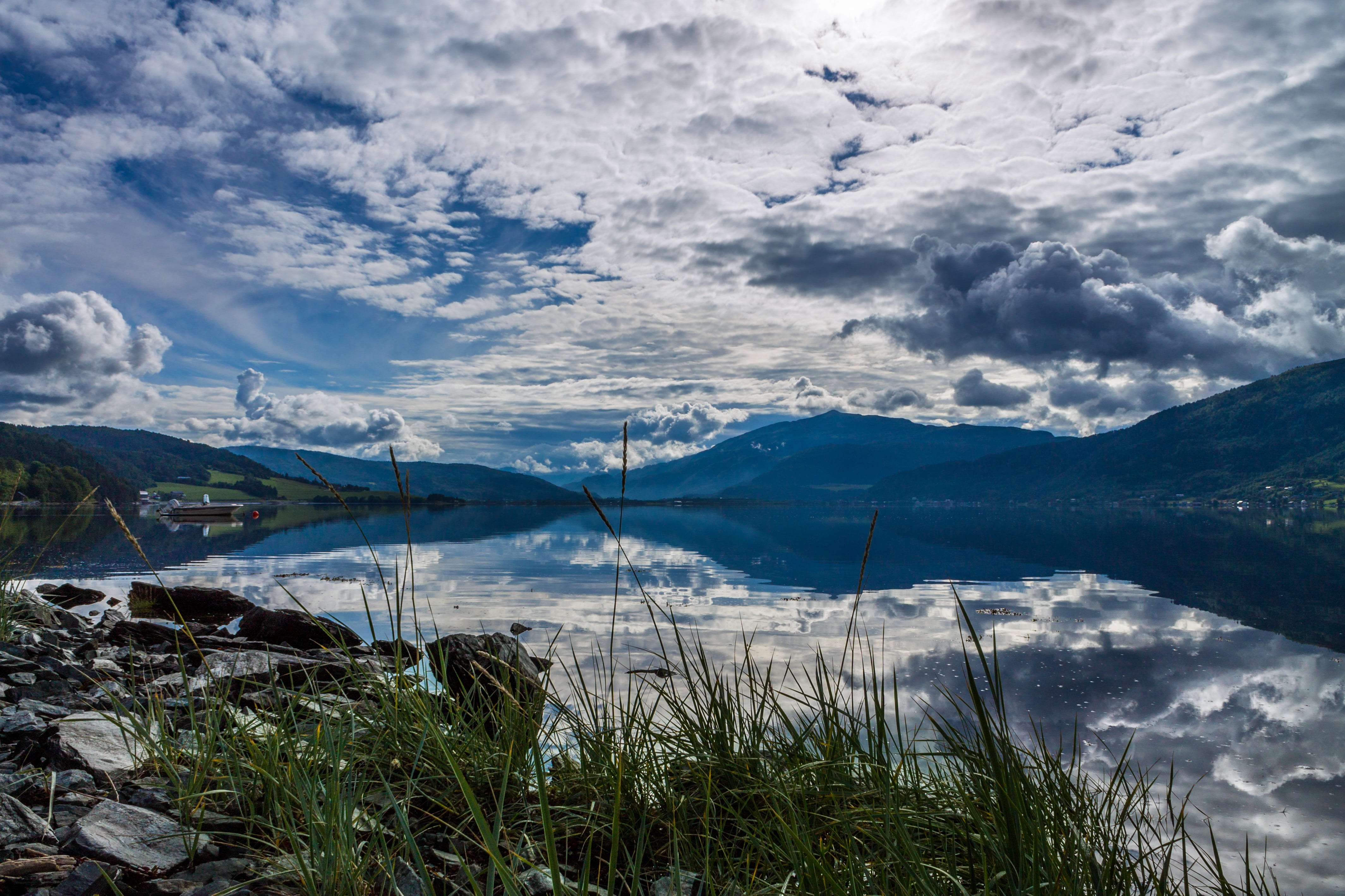 clouds, horizon, no people, blue, cloud - sky, reflection, plant, norway, colorful, tranquil scene, norwegian, fjord, scandinavia, summer, snowcapped mountain, HD Wallpaper