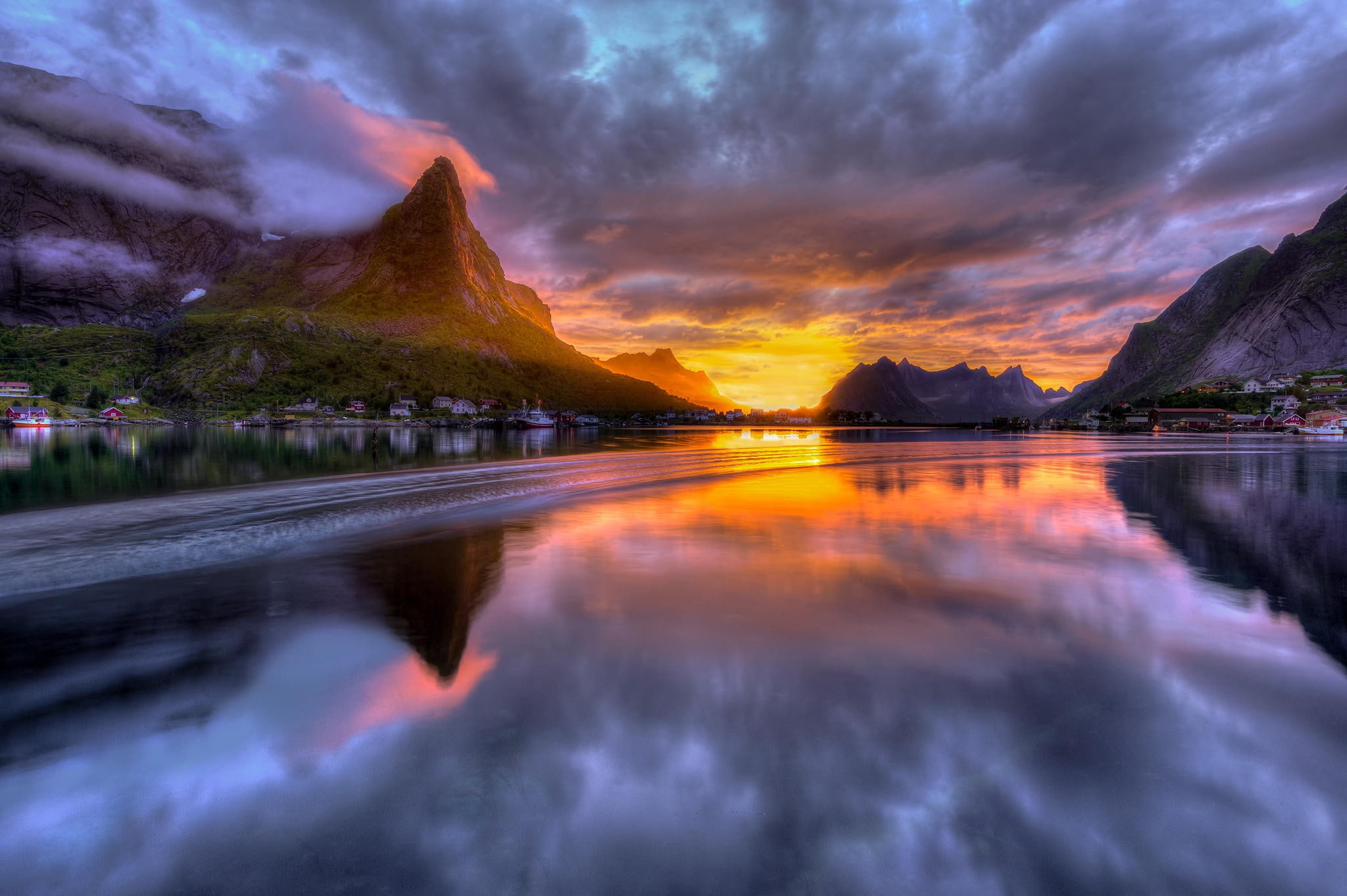 mountains, clouds, rock, water, waves, nature, fjord, reflection, town, HDR, boat, house, landscape, 1080P, trees, Norway, HD Wallpaper