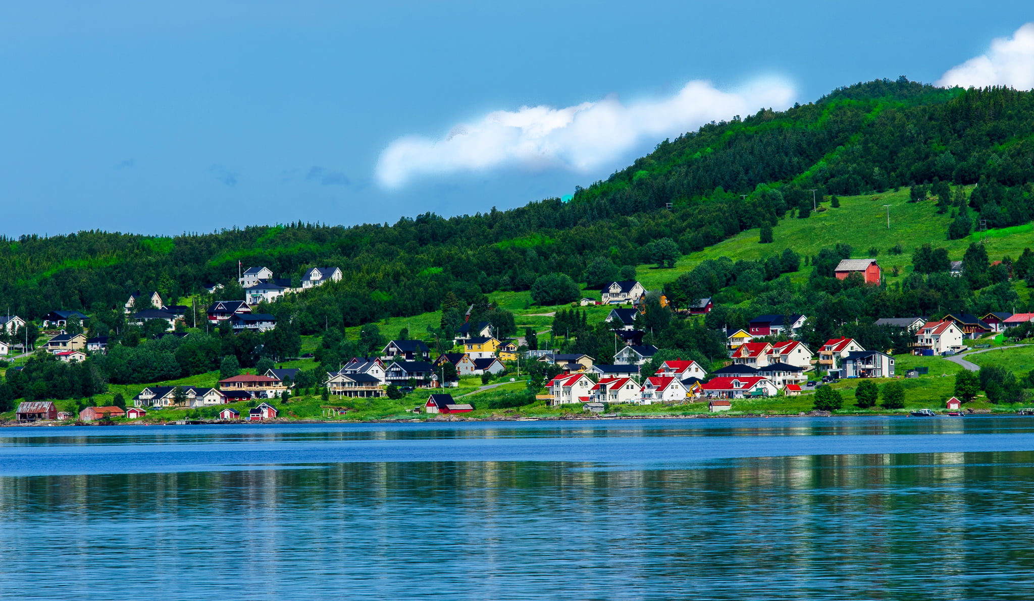water, nature, river, summer, cloud - sky, building, plant, day, architecture, lake, landscape, travel, european Alps, coastline, norway, mountain, waterfront, HD Wallpaper