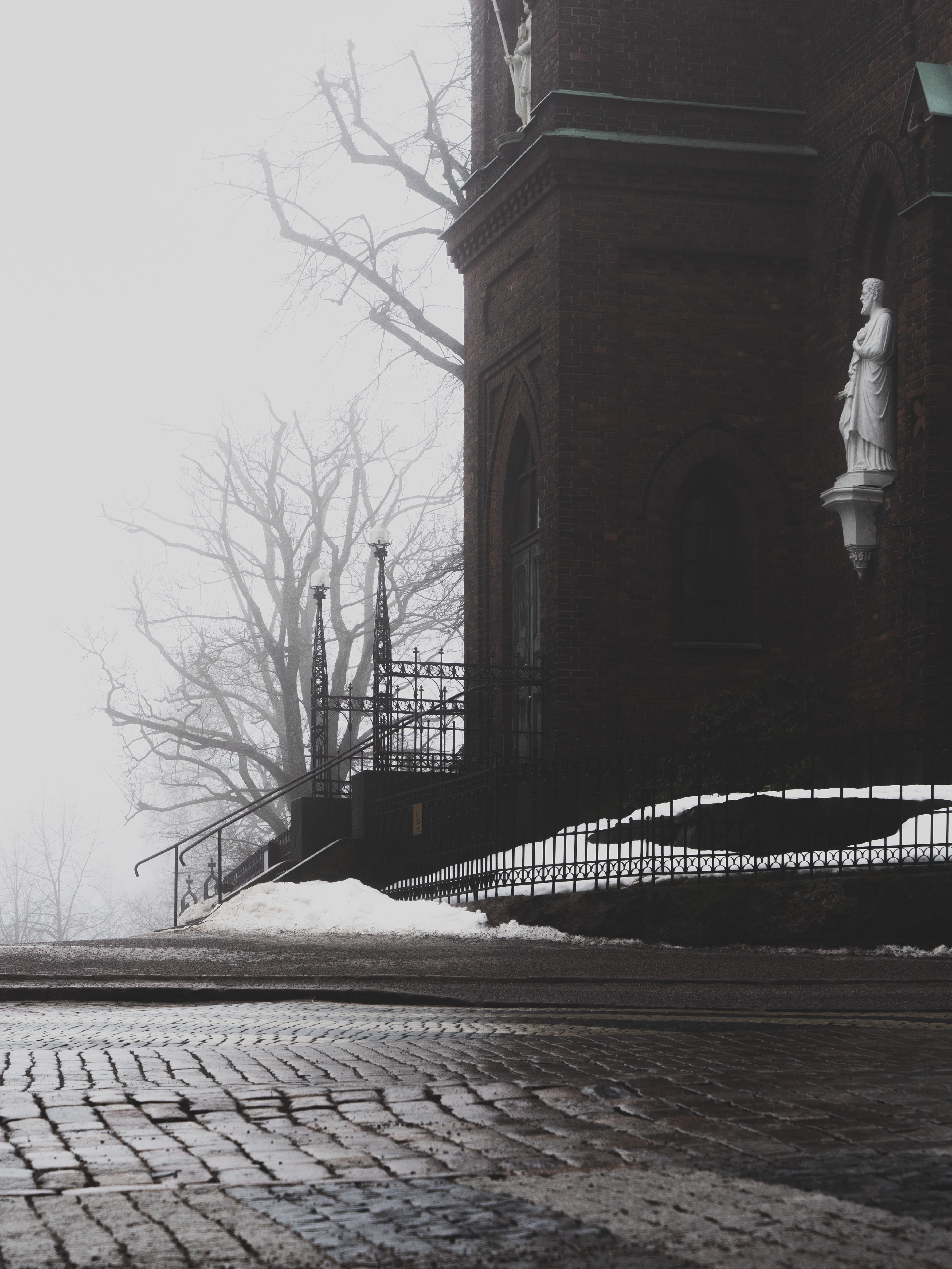 rain, building exterior, sky, steeple, clear sky, helsinki, church, finland, brick, foggy, foggy trees, symbol, path, snow, 4K, saint henry, photo, st. henrys cathedral, Phone HD Wallpaper