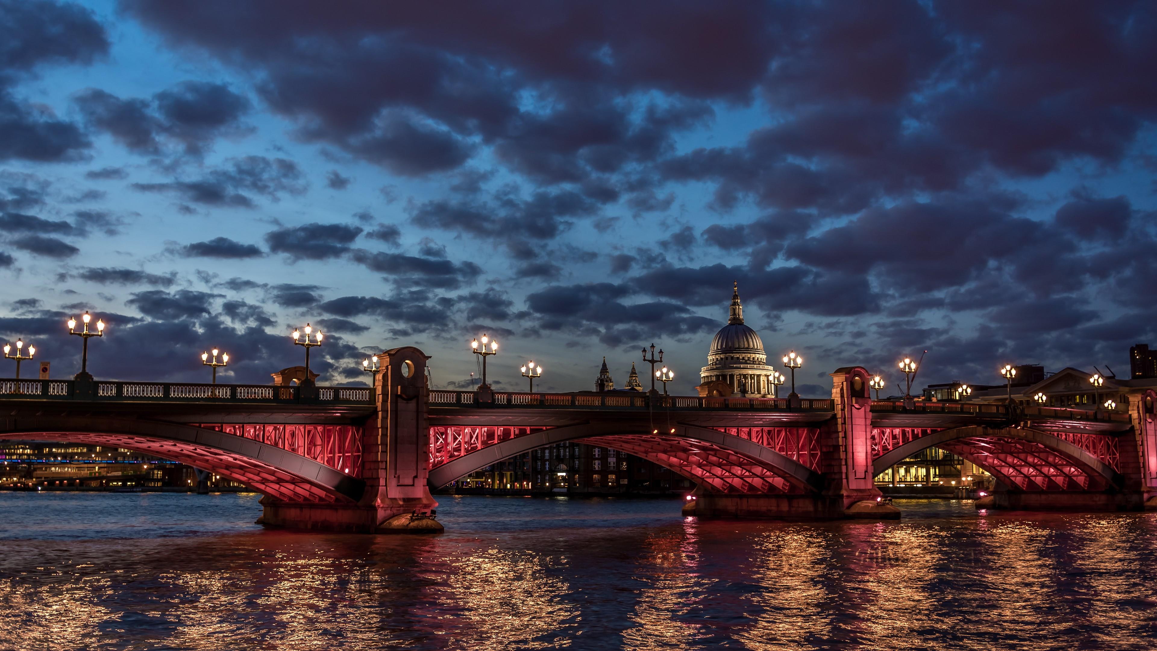 cathedral, cityscape, pauls, photo, st, river, street, bridge, lanterns, clouds, thames, beautiful, lamps, ultrahd, android, 4K, lighting, HD Wallpaper