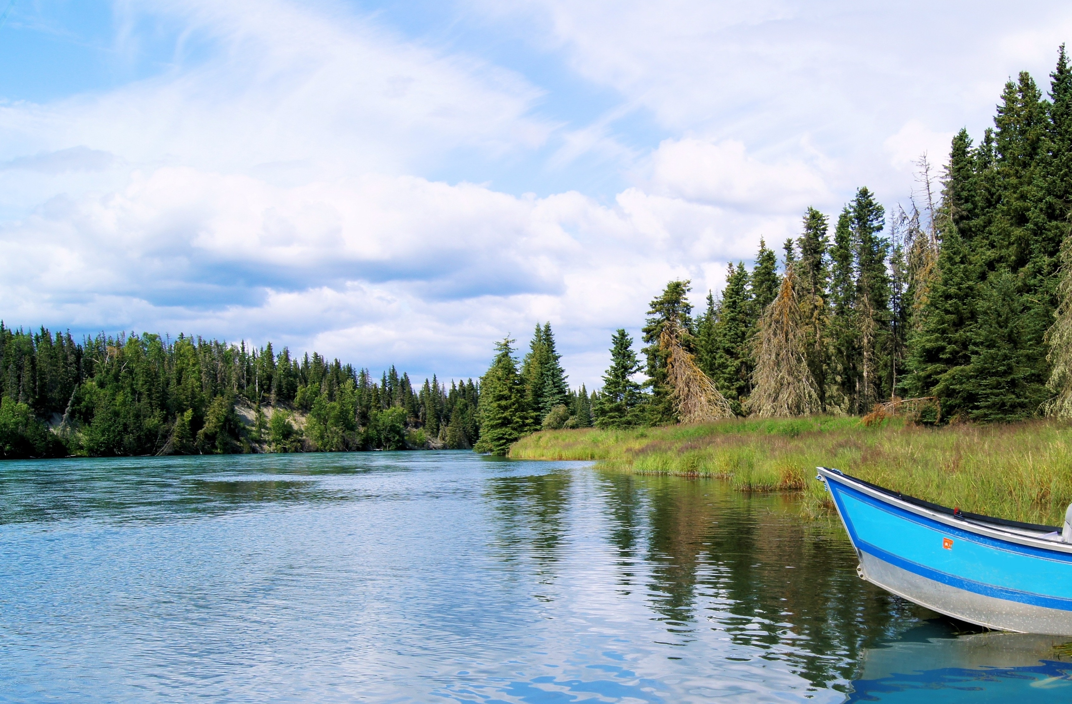 fishing, day, scenics - nature, lake, boat, blue, nautical vessel, forest, water, waterfront, travel, wild, alaskan, sky, alaska, tree, river, no people, HD Wallpaper