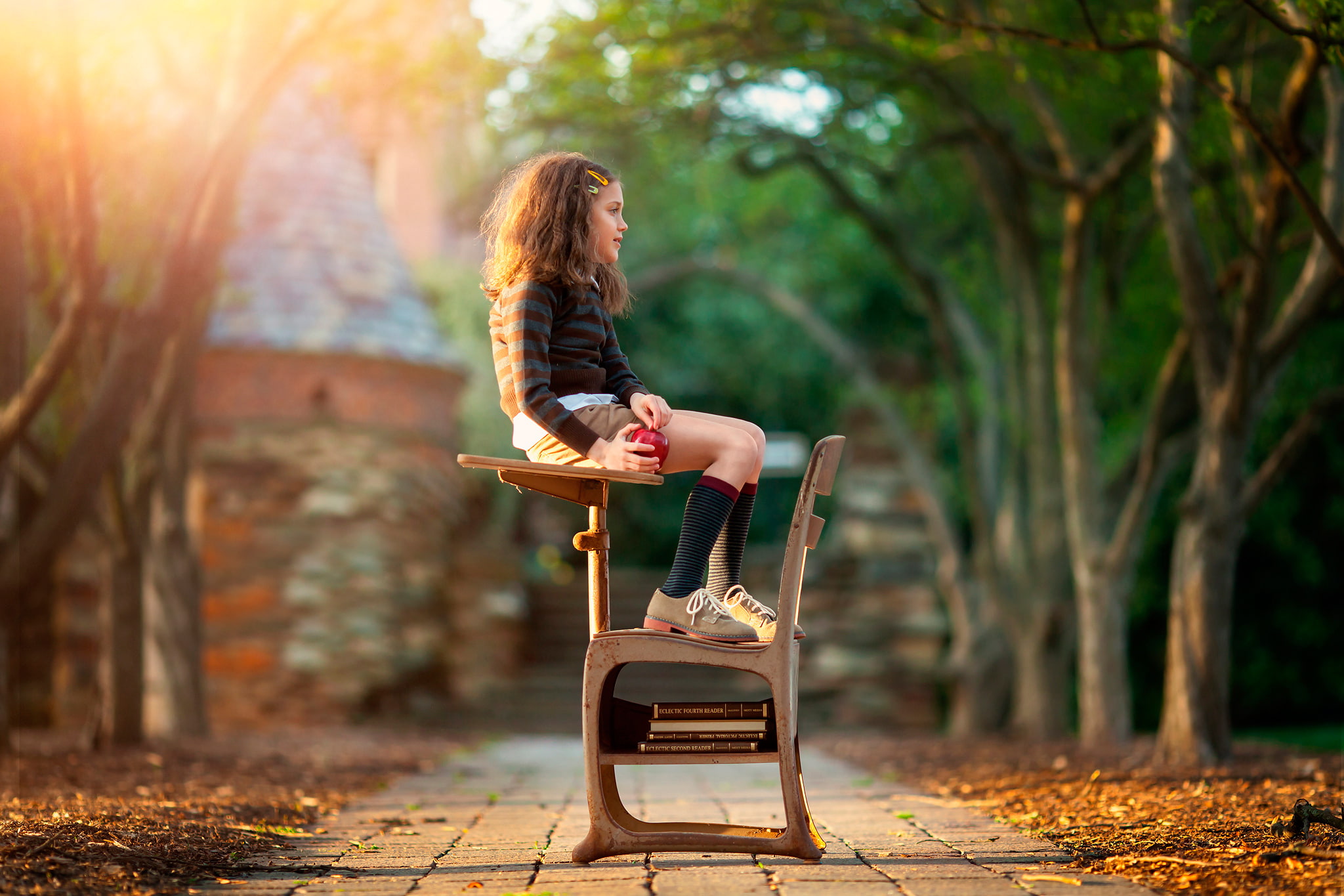 books, 1080P, Apple, Daydreaming, child photography, School Day, schoolgirl, girl, HD Wallpaper