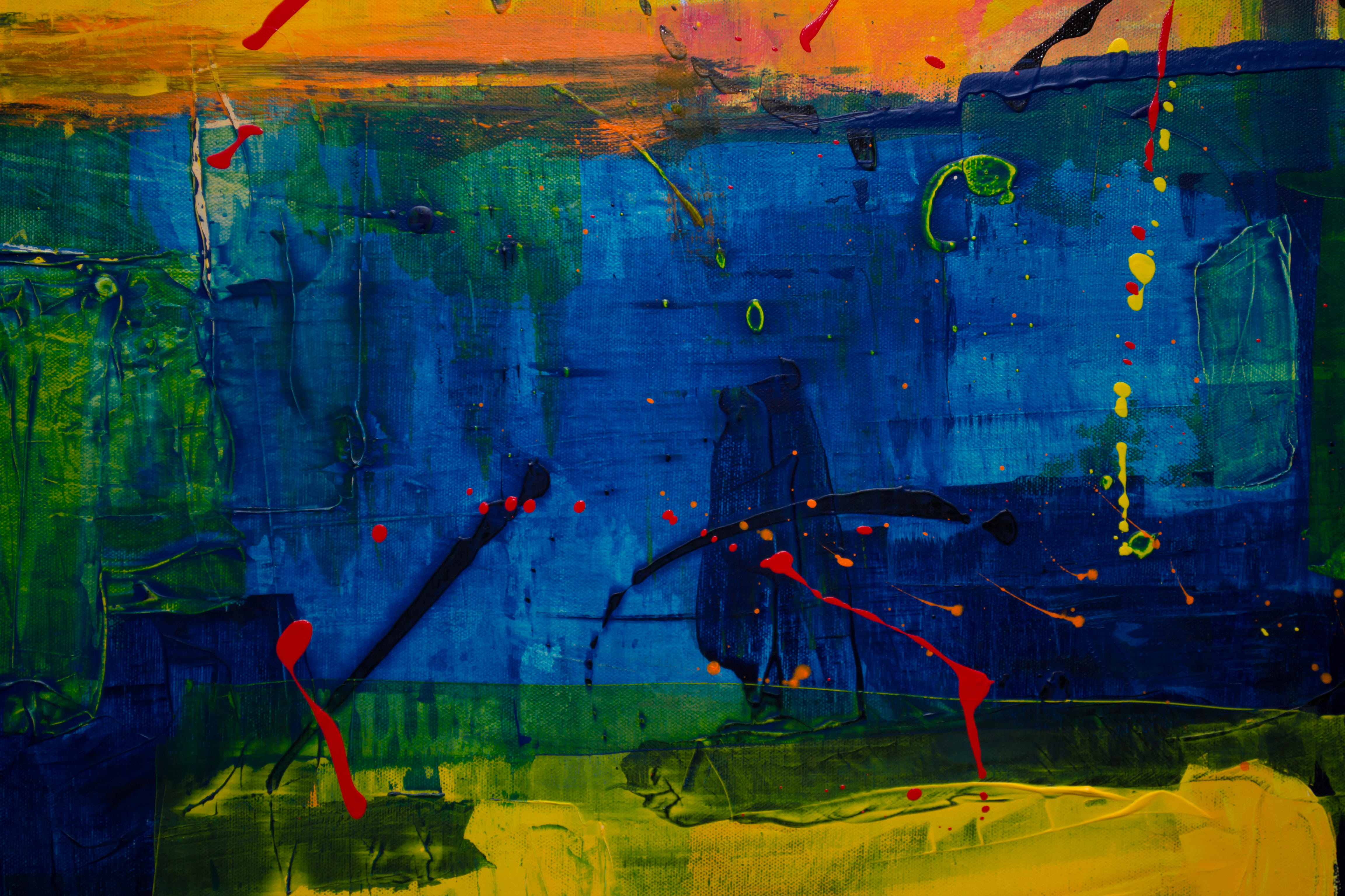 4K, paitning, abstract, full frame, day, textured, artistic, no people, abstract painting, green color, old, damaged, weathered, vibrant color, blue, architecture, HD Wallpaper
