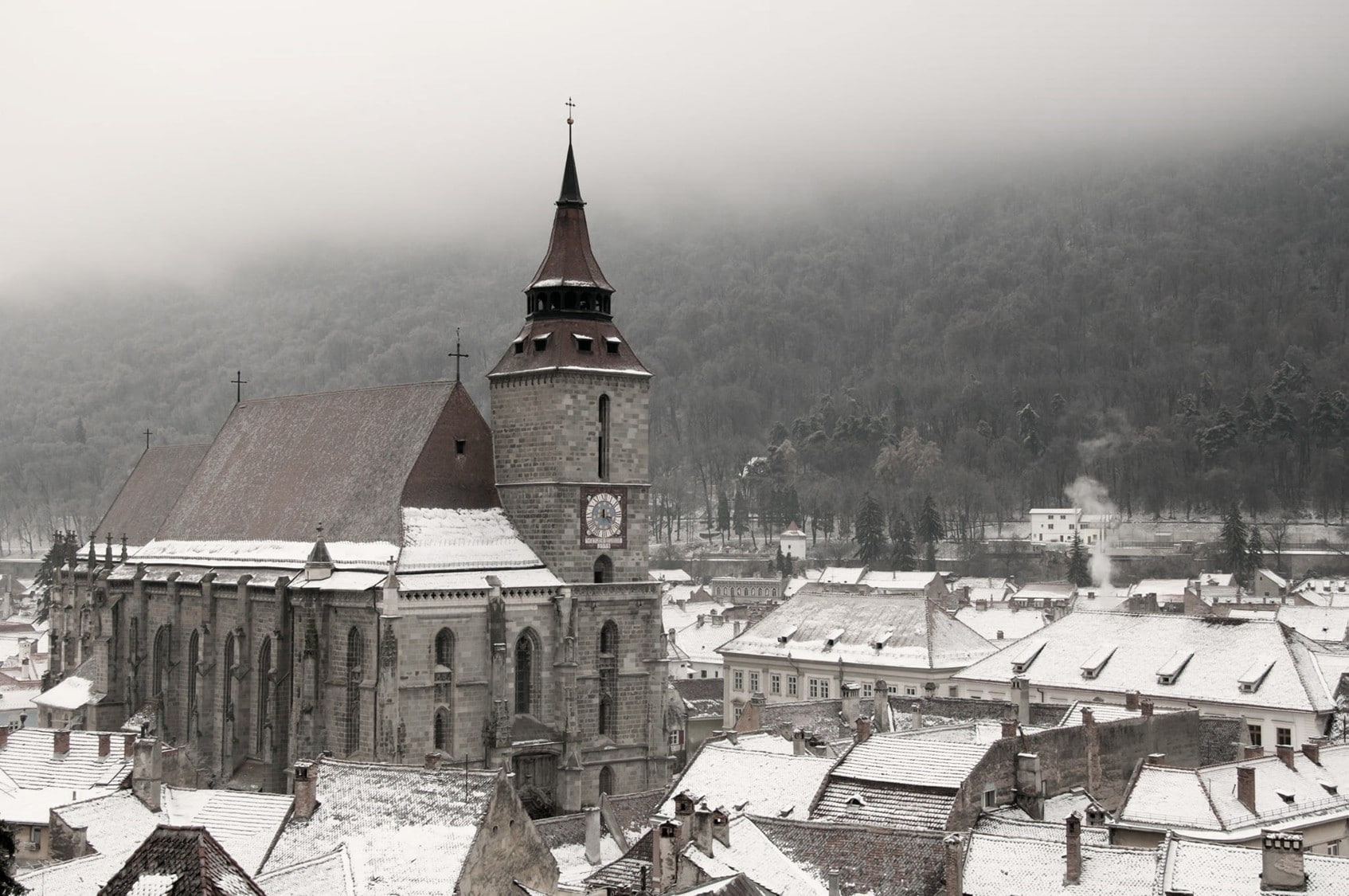1694x1125 px, hd, snow, 720P, px, x, Brasov, Church, monochrome, Romania, art, City, HD Wallpaper