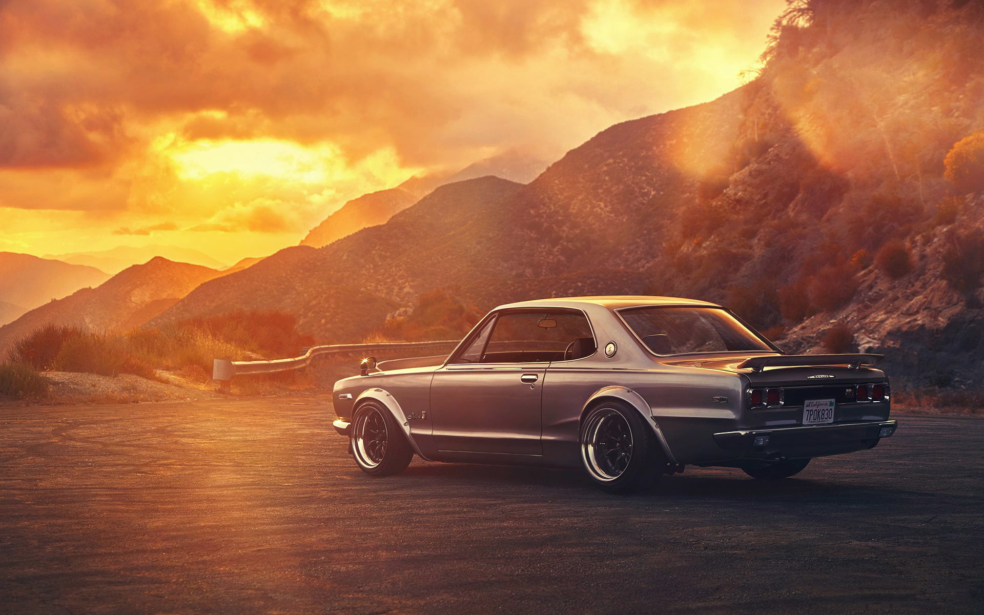 Skyline, 1080P, scenics - nature, 2000, GTX, sky, cloud - sky, Car, land vehicle, non-urban scene, coupe, Nissan, road trip, Rear, retro styled, nature, HD Wallpaper
