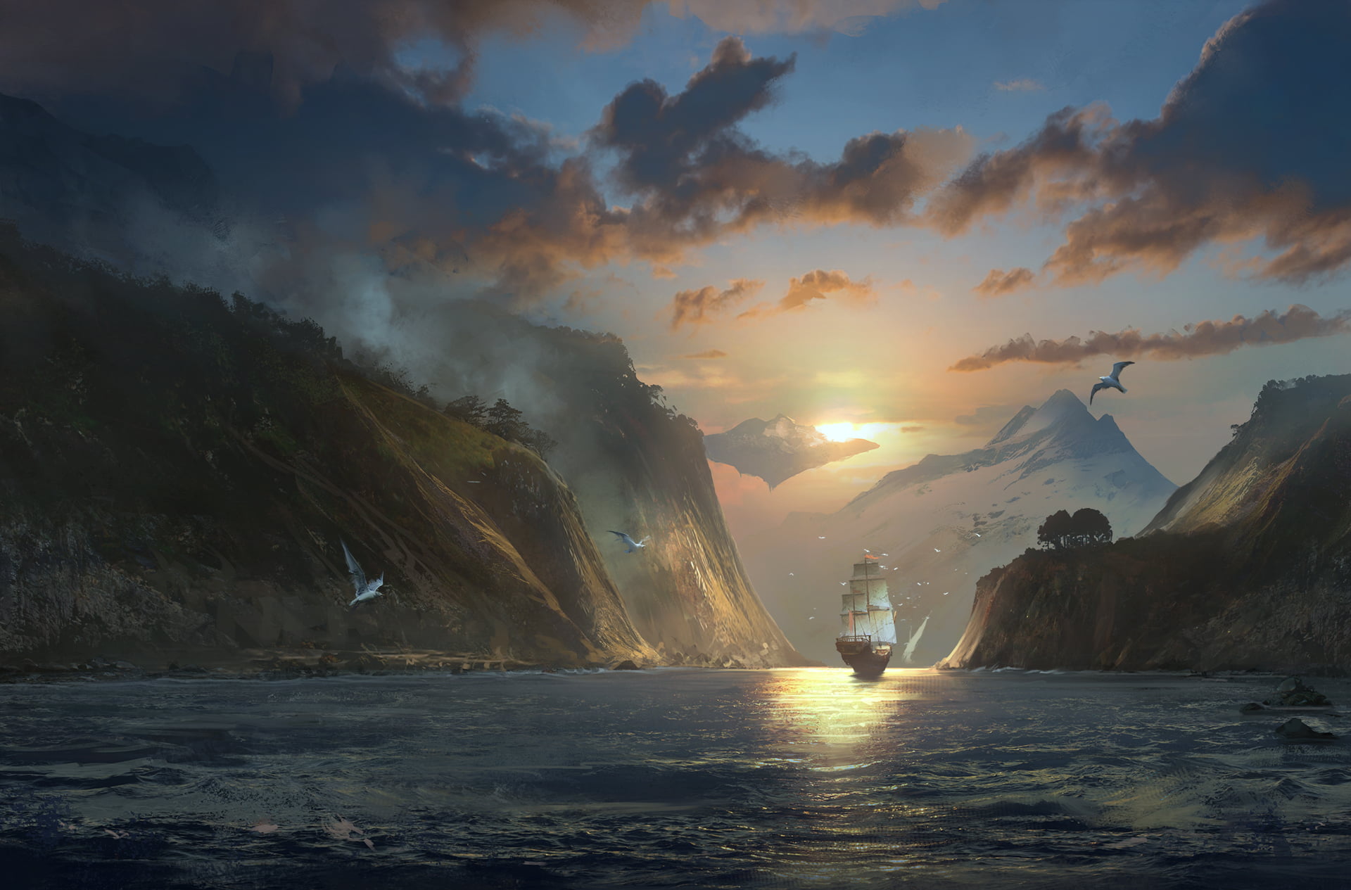 sail, outdoors, real people, tranquil scene, wave, 1080P, motion, mountains, sea, nature, the sky, ship, painting, sailing, sunset, flowing water, sky, HD Wallpaper