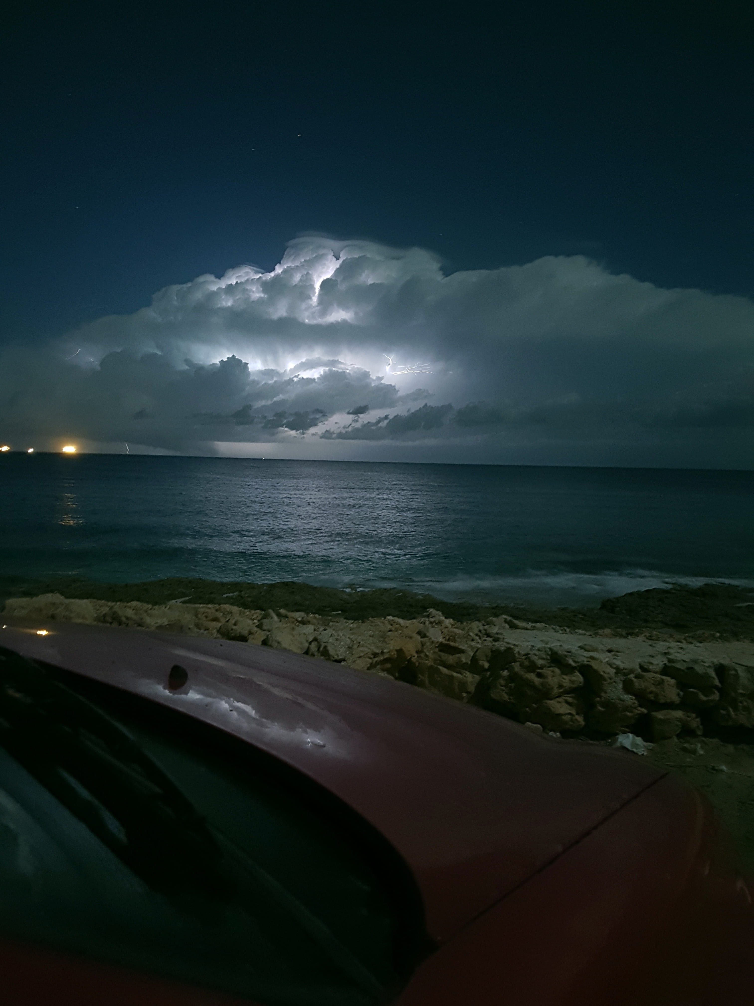 motor vehicle, nature, sky, power in nature, water, stormy, mode of transportation, beauty in nature, car, outdoors, storm cloud, thunderstorm, night, land, Phone HD Wallpaper