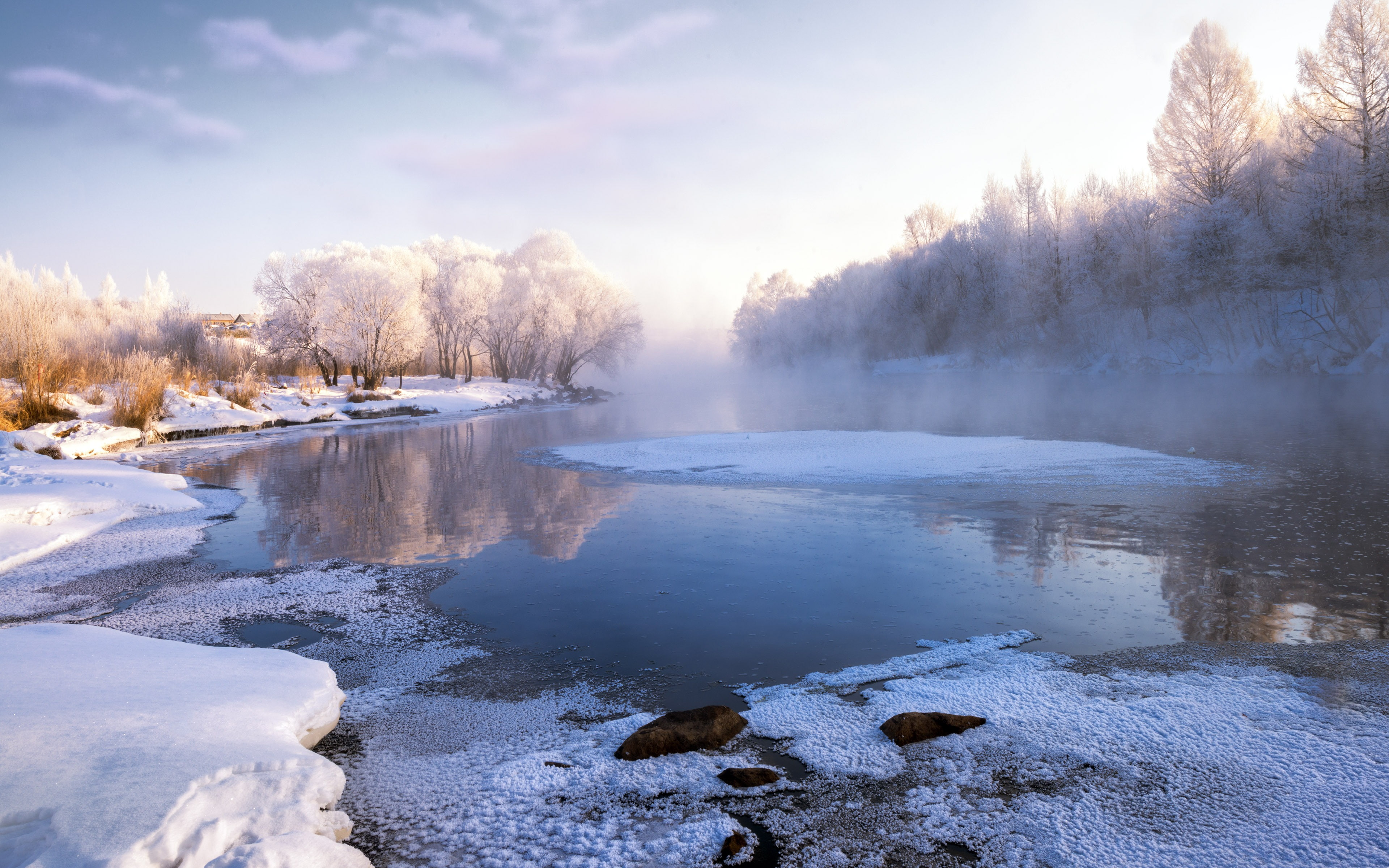 tranquility, frozen, power in nature, beauty in nature, water, non-urban scene, snow, cold temperature, morning, 4K, day, hot spring, cloud - sky, tranquil scene, HD Wallpaper