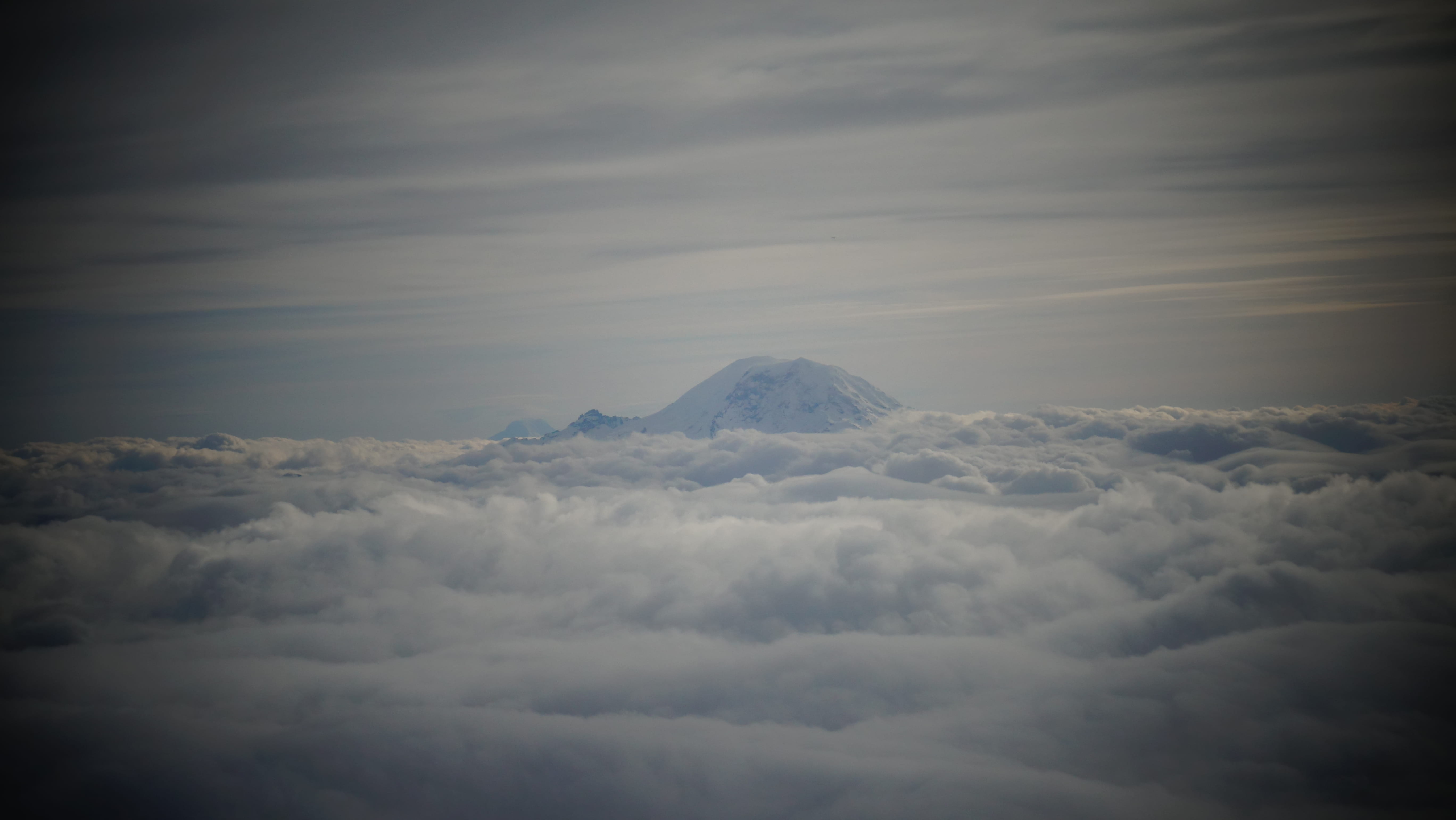 vignette, mt. rainier, scenics - nature, aerial view, 5K, overcast, tranquility, mount rainier, day, hazy, clouds, vintage, aerial, meteorology, non-urban scene, HD Wallpaper
