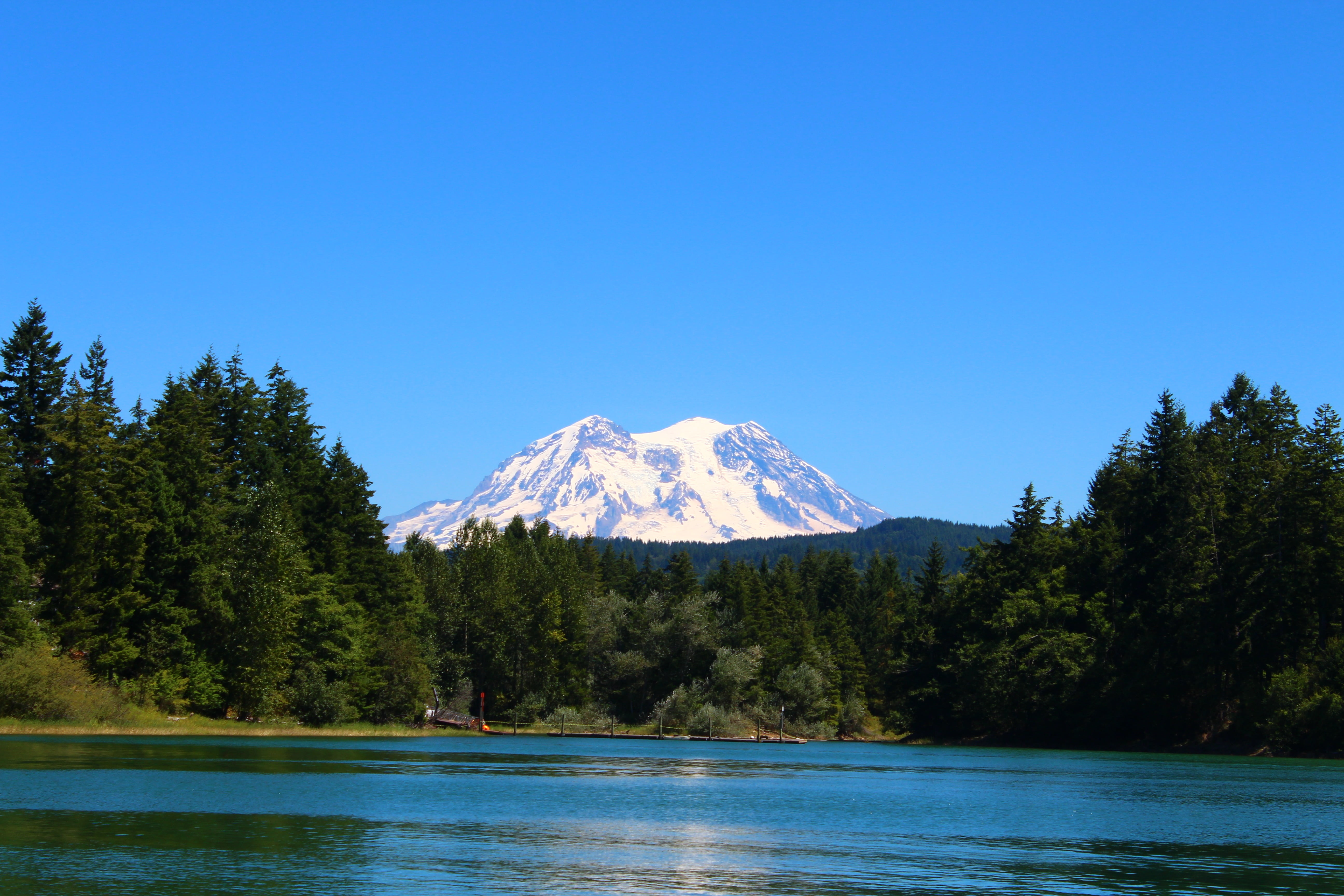 tranquil scene, lake, land, nature, tree, no people, 5K, snowcapped mountain, mt rainier, water, beauty in nature, travel destinations, washington, mountain, HD Wallpaper