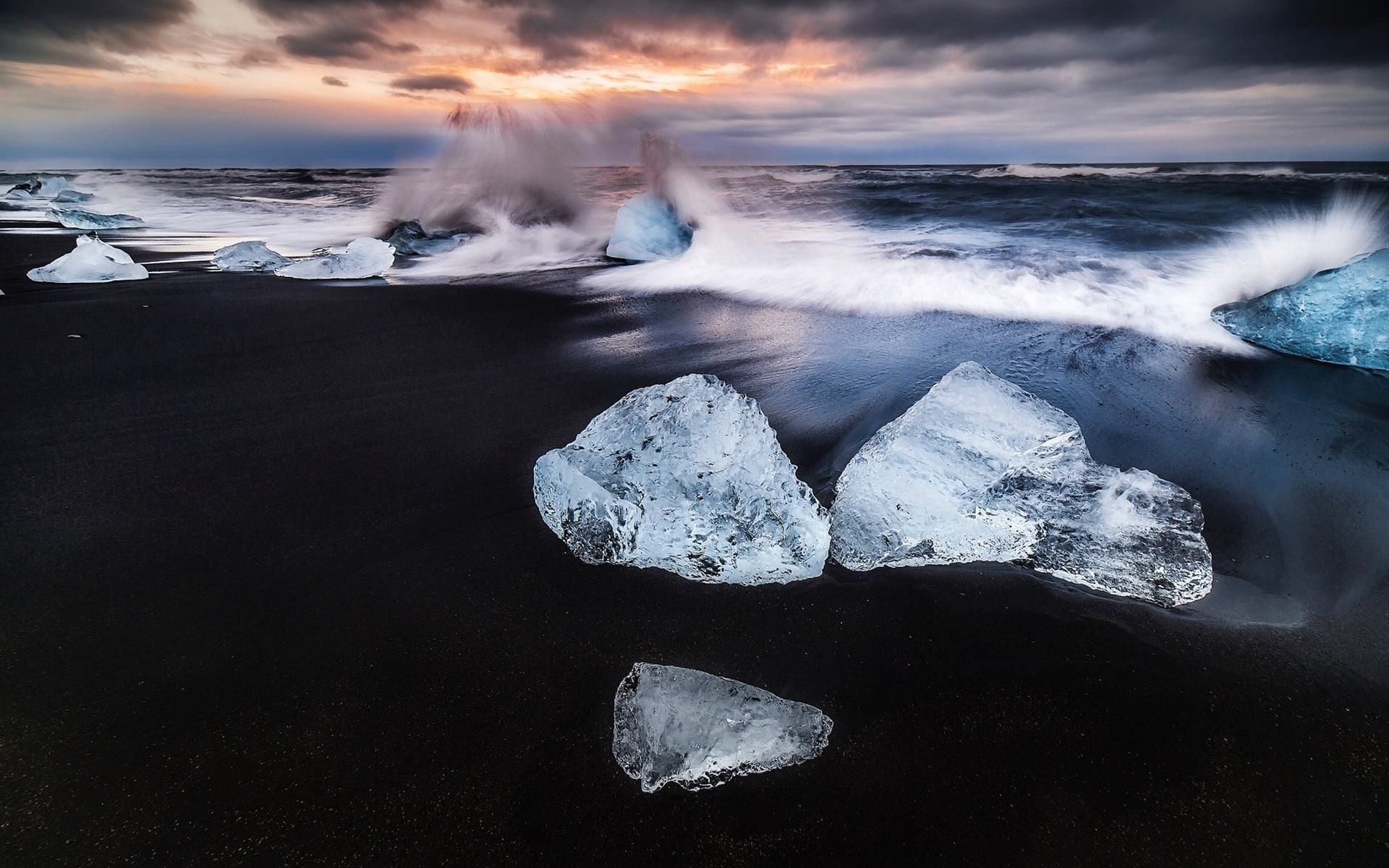 Splash, Sea, Iceland, edit, Beach, Ice, Dawn, wavy, photo, Waves, 1080P, HD Wallpaper