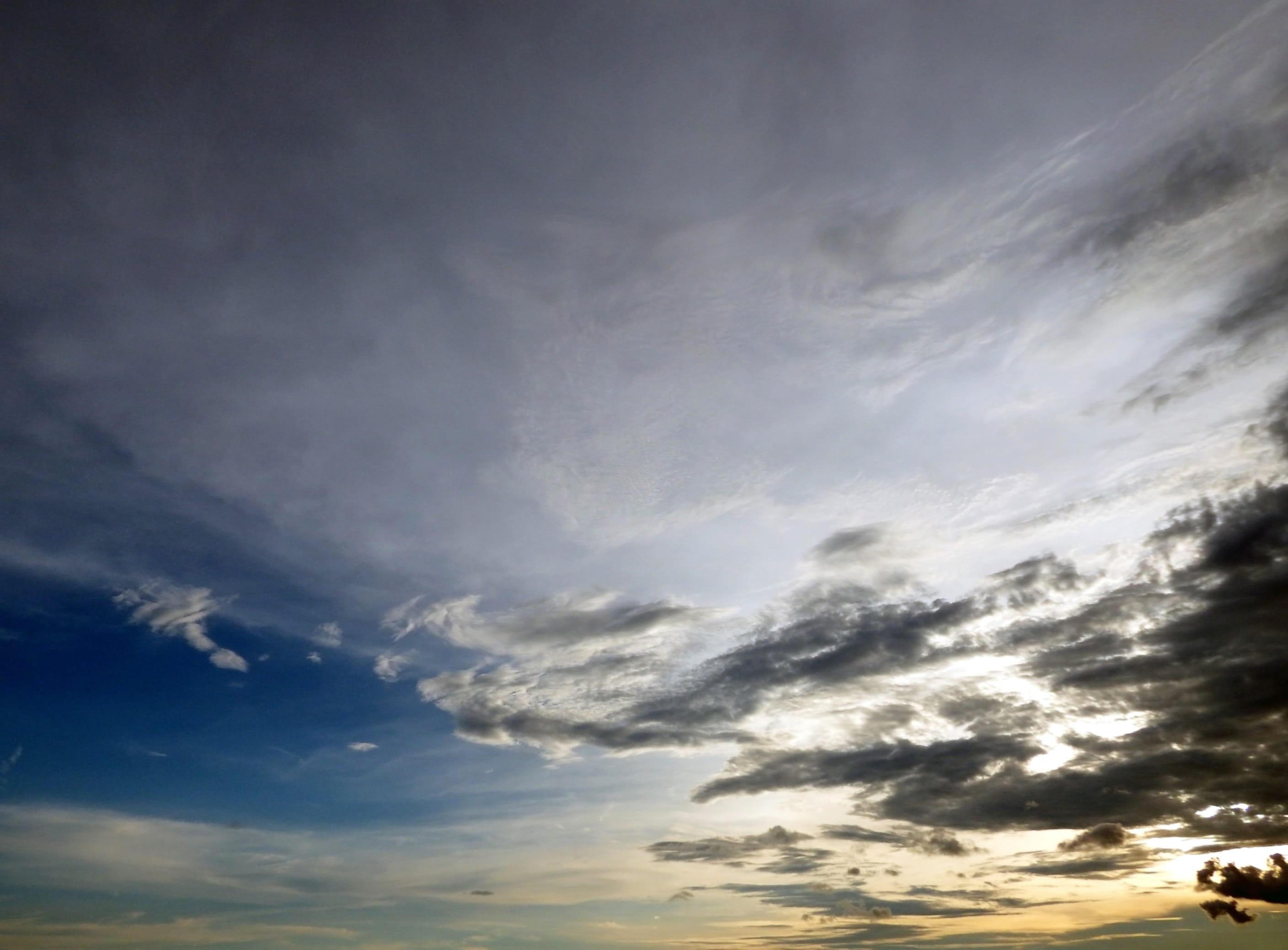 sky, tranquil scene, backgrounds, blue sky, bright, uplifting, evening, dark, atmosphere, scenics - nature, overcast, blue, clouds, space, sunrise, orange, HD Wallpaper