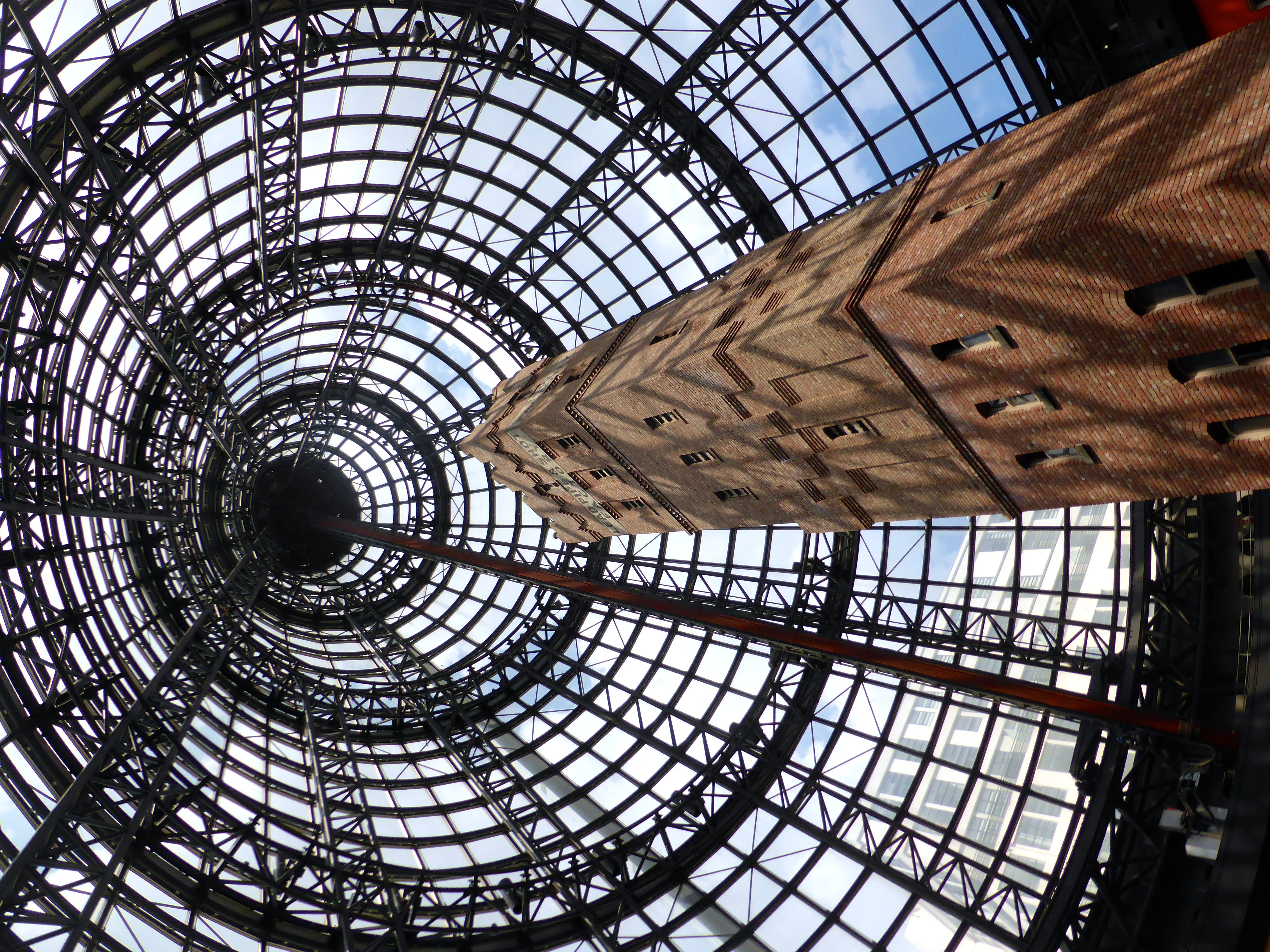 low angle view, architecture, ceiling, glass, uplifting, directly below, sky, sunlight, staircase, reaching, railing, skylight, tower, no people, metal, HD Wallpaper