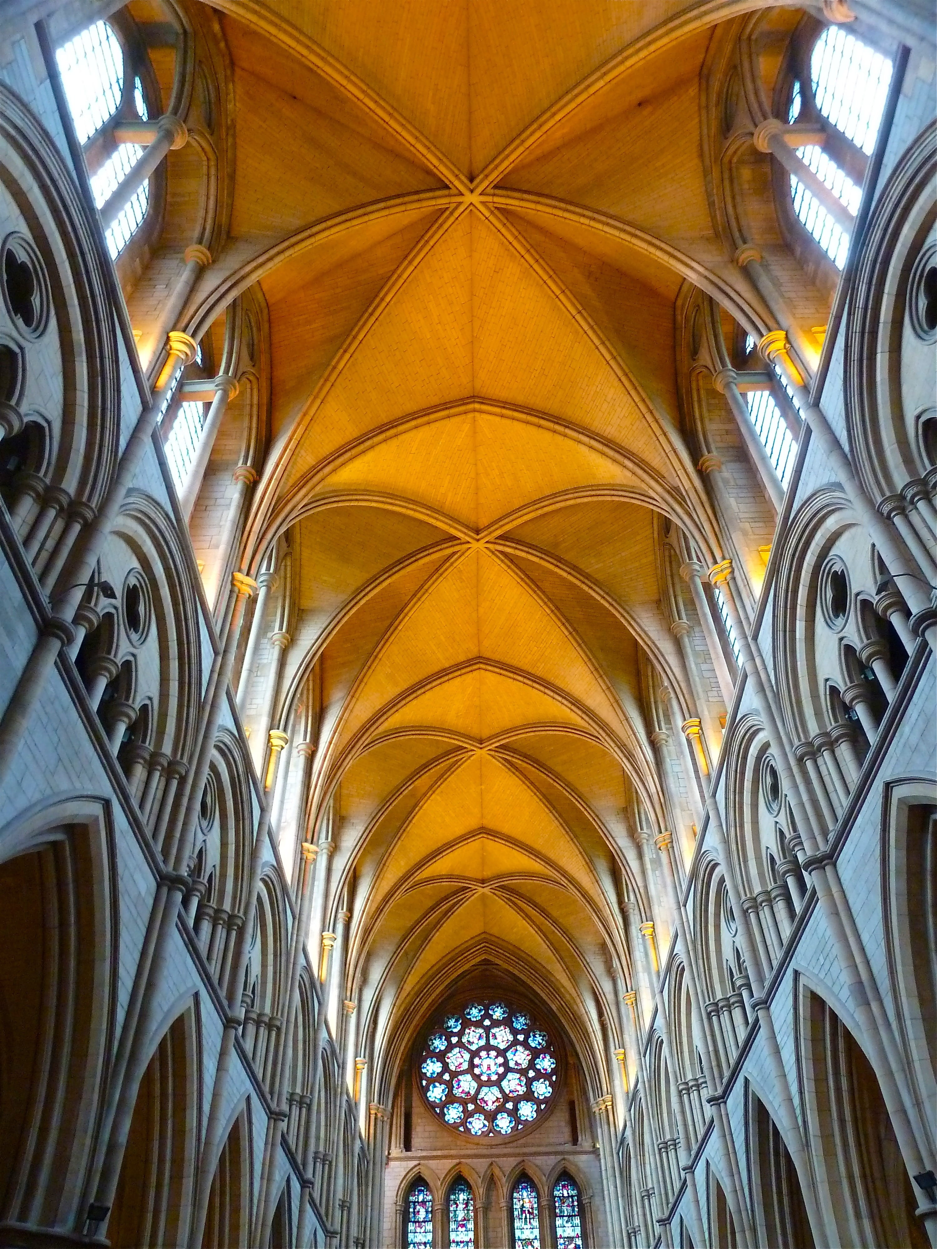 building, low angle view, notre, day, architecture, directly below, gothic style, glass, place of worship, uplifting, arch, architectural column, dame, Phone HD Wallpaper