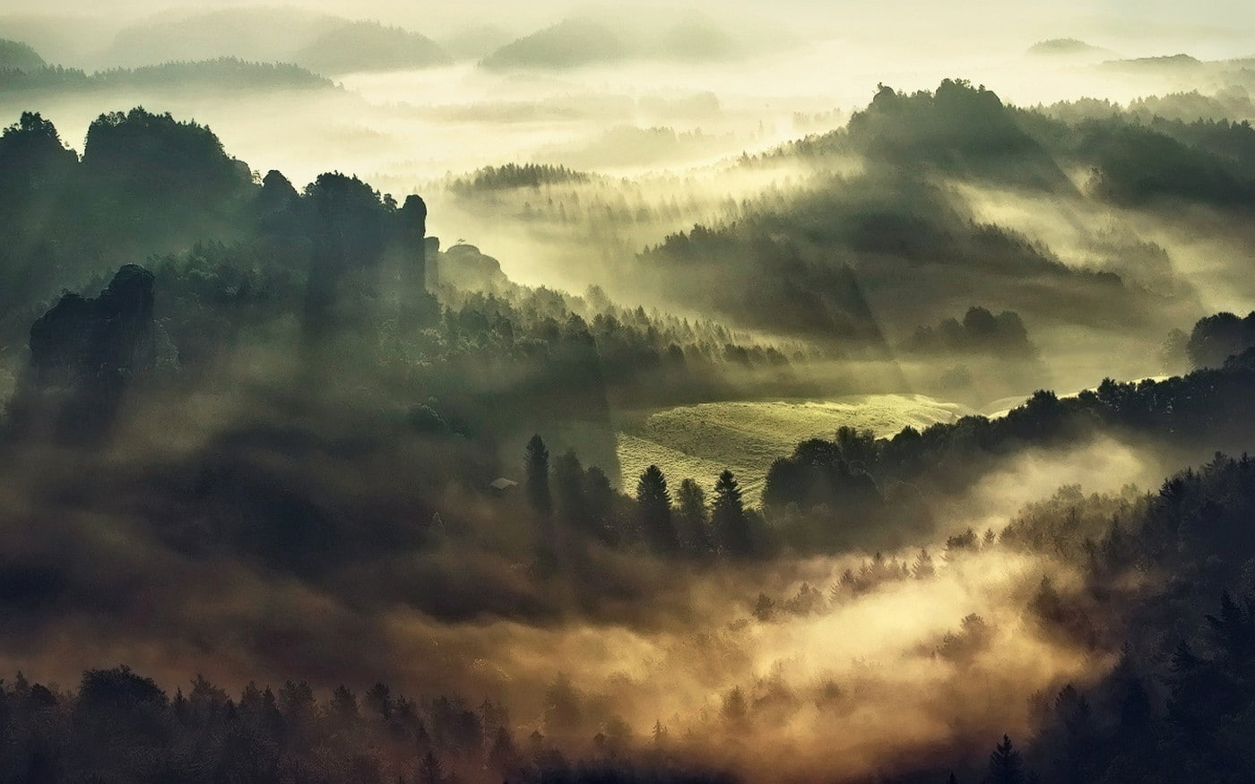 lights, tree, hills, fog, landscape, tranquil scene, trees, idyllic, hazy, plant, 720P, no people, sunlight, tranquility, scenics - nature, environment, HD Wallpaper