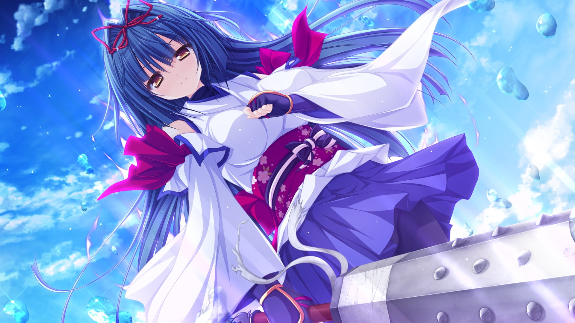 weapon, hair, ootsuki, yellow, nasty, blue, mikagami, clouds, water, karin, 1080P, japanese, clothes, eyes, armor, game, whirlpool, mamizu, justy, HD Wallpaper