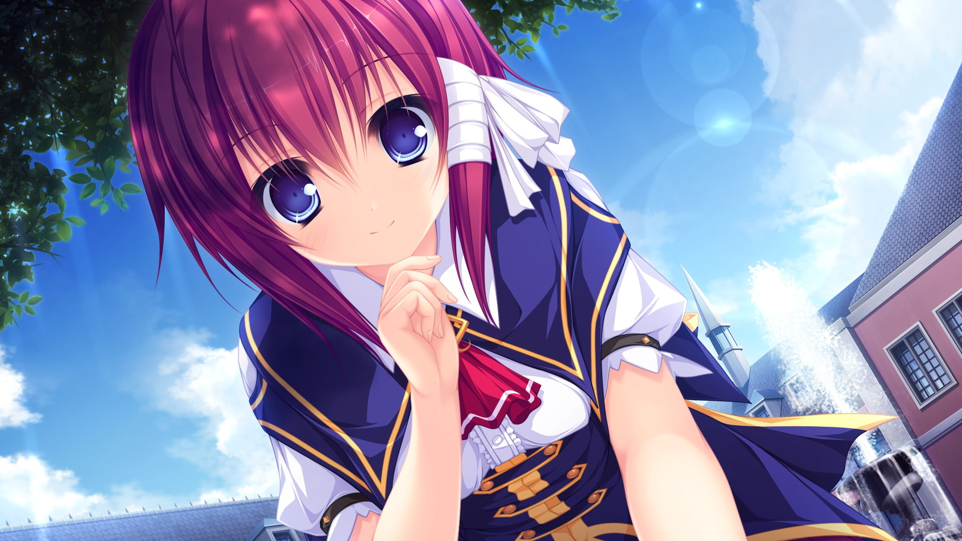 mamizu, blush, ribbons, clouds, building, close, nasty, whirlpool, blue, bow, justy, mikagami, seifuku, kuroki, tree, 1080P, game, eyes, shade, hair, kirie, HD Wallpaper
